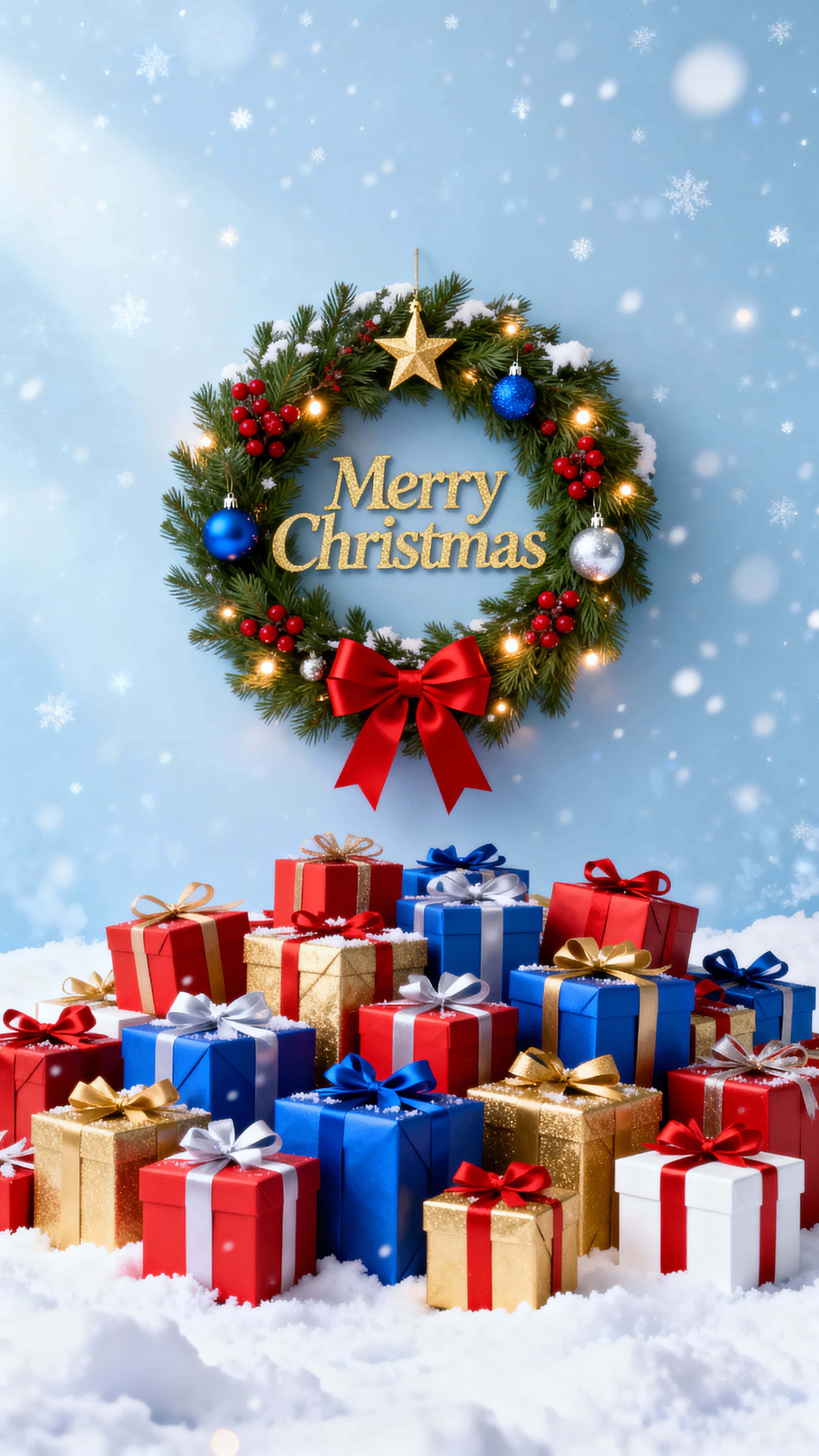 Vertical 9:16 winter scene with a lush circular pine wreath at top center—red berries, ornaments, gold "Merry Christmas" lettering and red ribbon—colorful gift boxes fill the foreground against a pale icy-blue snowy background with warm tw—
