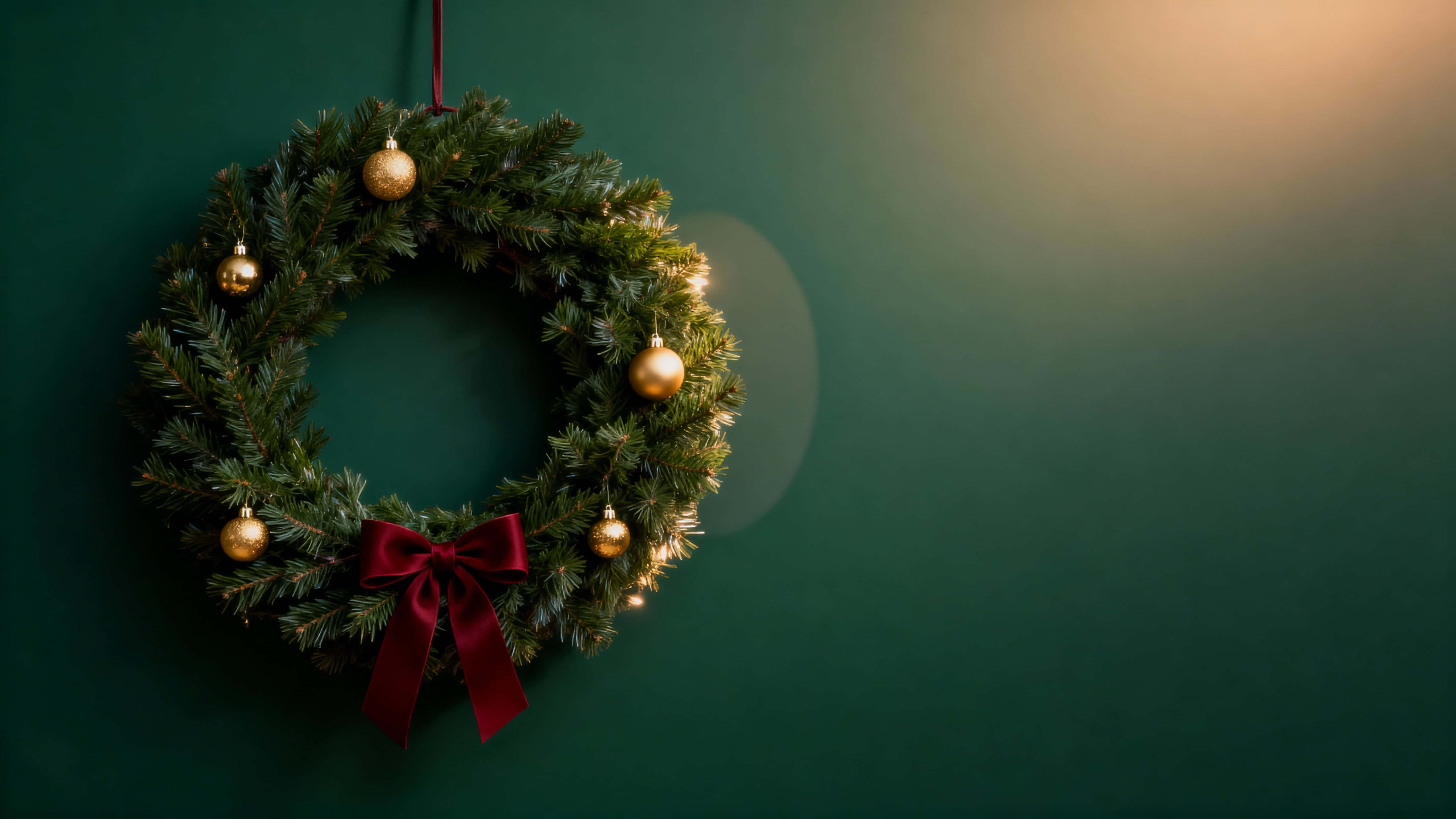A horizontal 16:9 Christmas scene shows a single lush pine wreath hanging near the left third against a dark forest-green backdrop with subtle tonal shifts, golden ornaments, and a deep red bow.