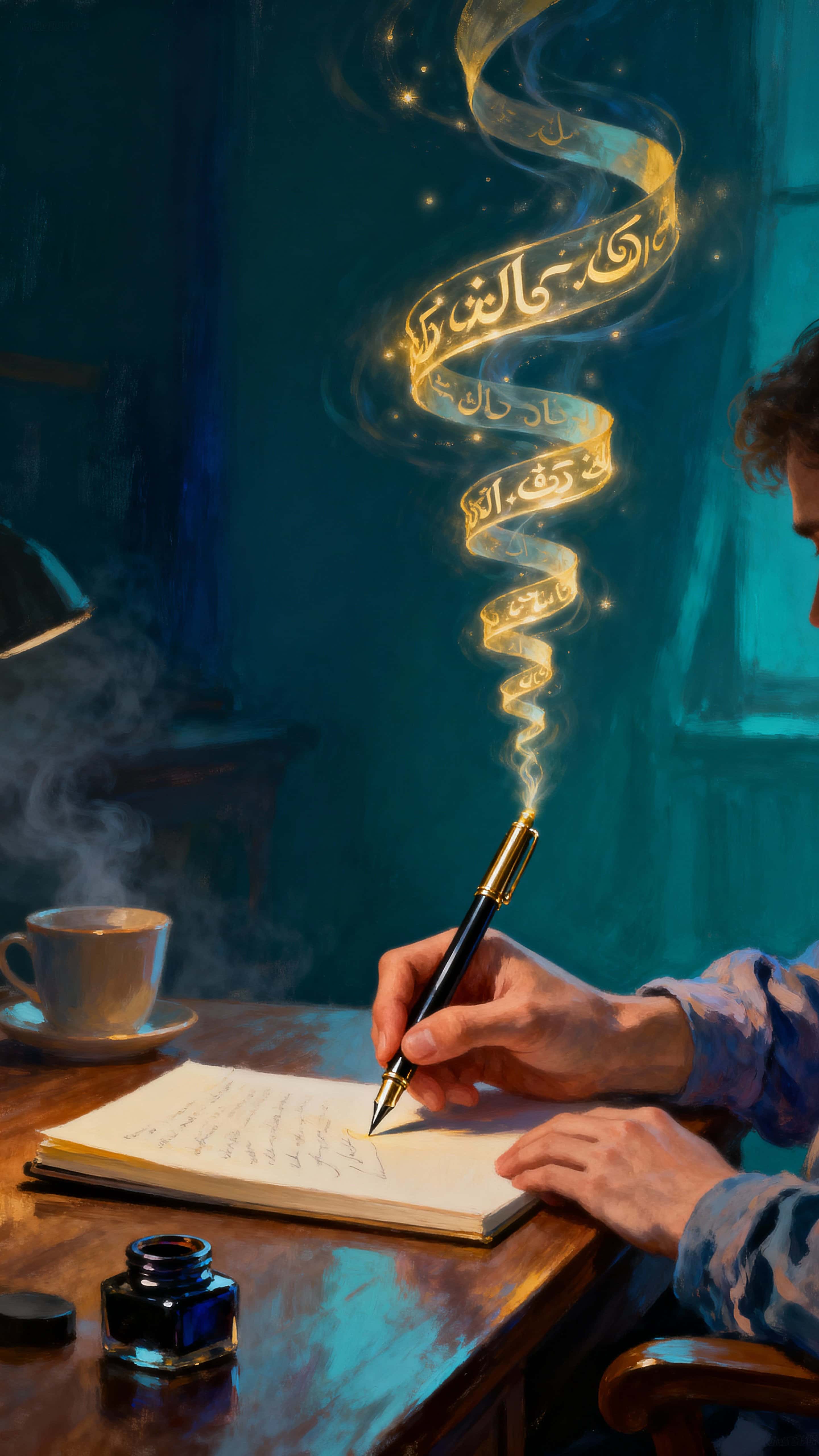A writer holds a pen as luminous characters spiral upward from the nib, forming a hovering helix of ideas that wraps around them in a quiet, contemplative studio space.