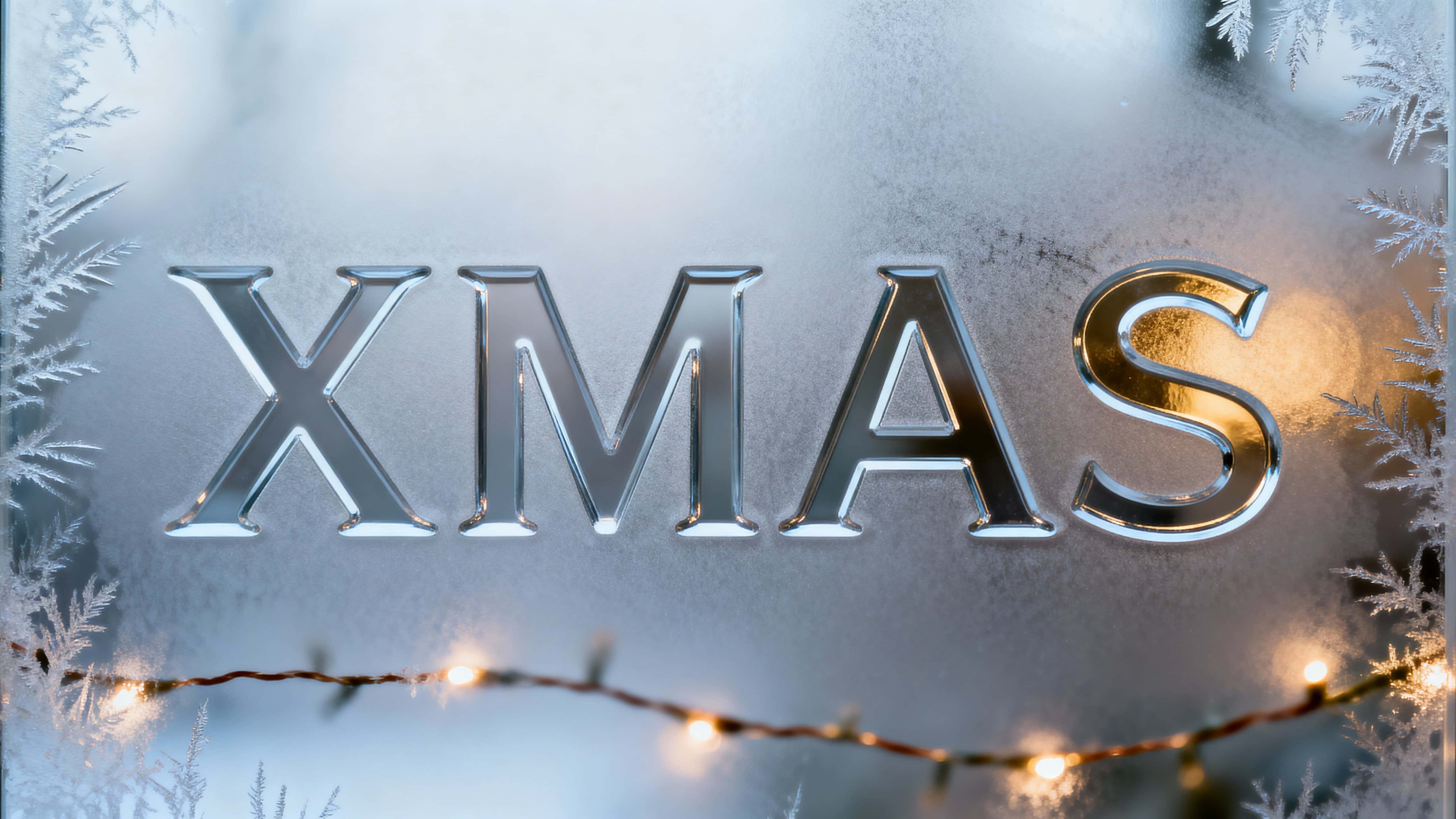 Closeup study of minimal “XMAS” letters carved into a frosted glass pane with soft cool light and a hint of warm reflective accents to create quiet holiday elegance.