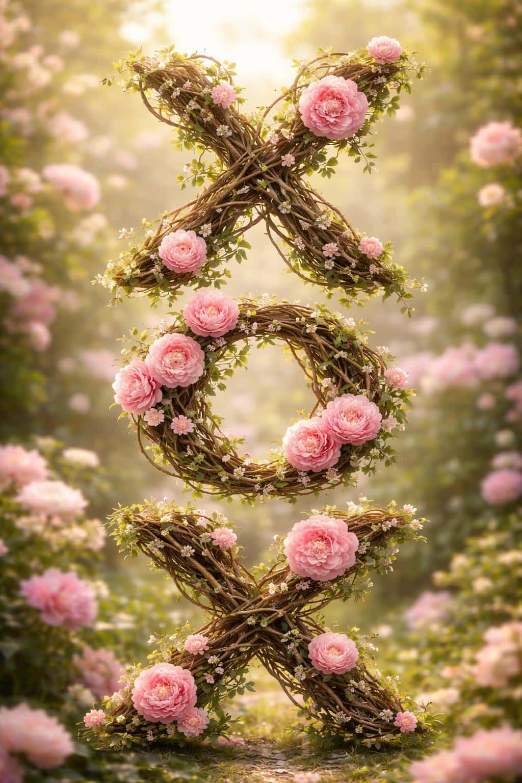 Vertical 2:3 botanical scene of XOXO formed from intertwined woody vines and blossoming pink peonies against a soft-focus garden background.