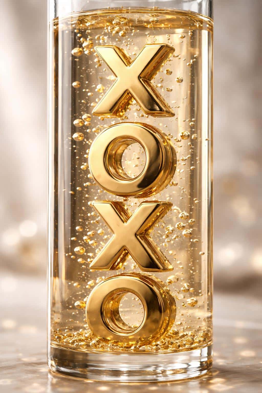 Vertical 2:3 render of polished gold X and O letters stacked inside a cylindrical glass vessel filled with clear viscous oil, with rising golden bubbles and soft diffused light creating a luxurious, scientific-chic scene.