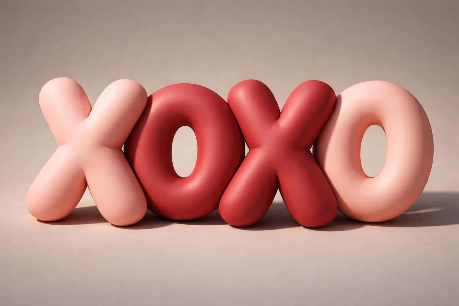 Wide 3:2 render of matte rubber balloons shaped into 'XOXO' in alternating blush pink and deep crimson, closely grouped with warm directional light and soft shadows.