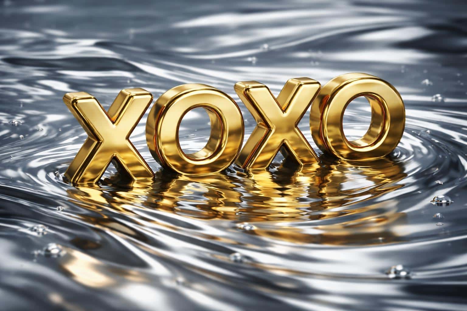 A 3:2 horizontal photorealistic scene of polished gold 'XOXO' partly submerged in rippling liquid mercury, juxtaposing cool clinical light with warm golden reflections.
