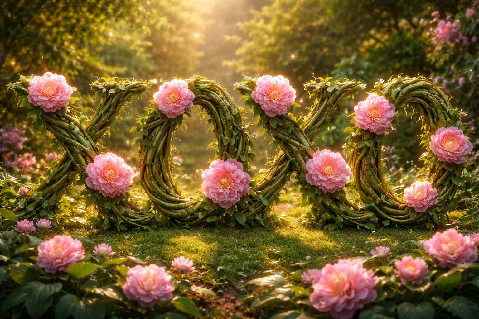 Wide 3:2 photoreal 3D composition of 'XOXO' crafted from thick woody green vines entwined with blooming pink peonies, dew-kissed leaves, and warm golden-hour glow.