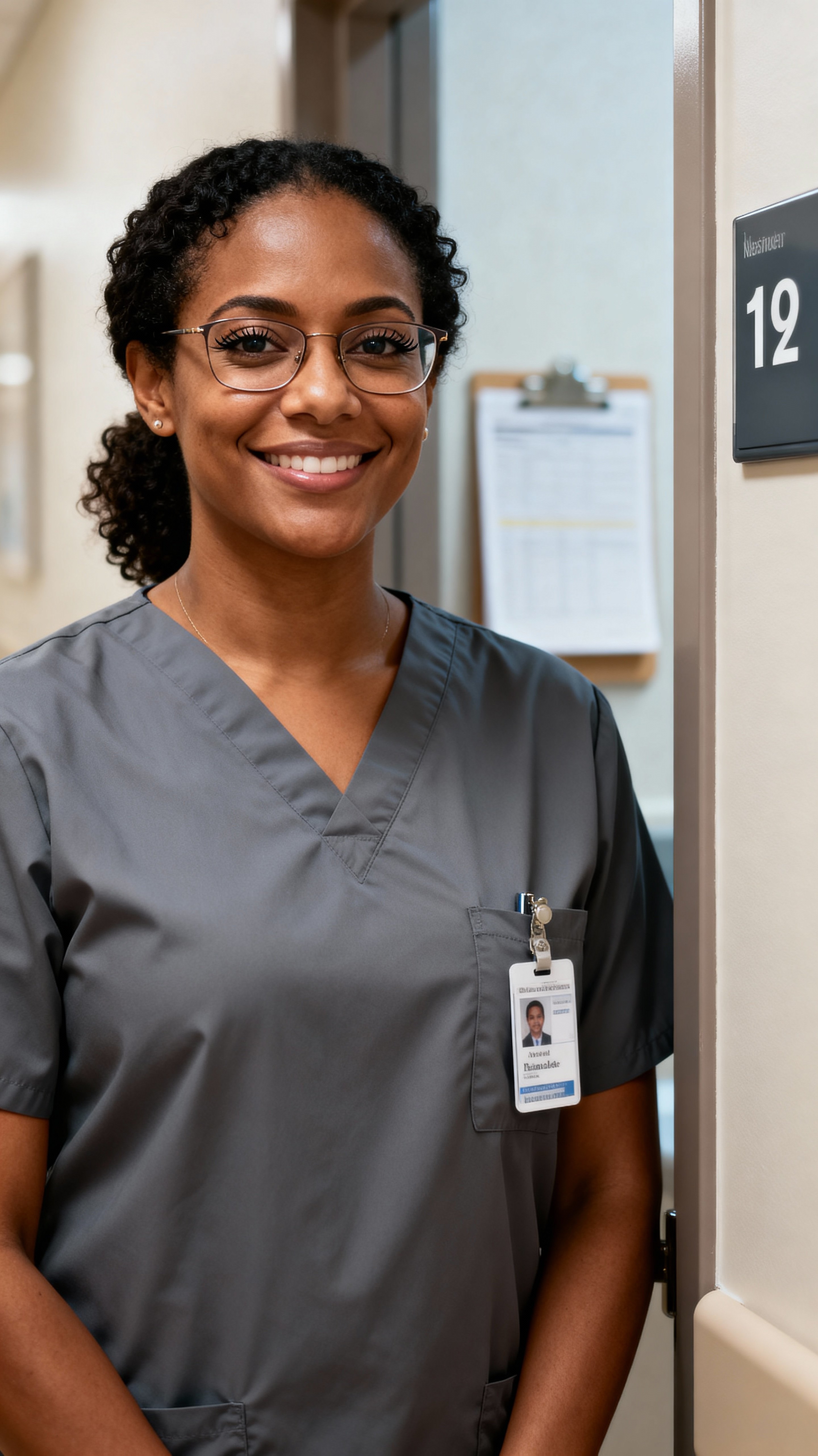 Yanelis, a Dominican-American nurse practitioner in her mid-30s, offers a reassuring smile in a Boston clinic headshot with a slate scrub, warm-medium skin, dark curls and thin-framed glasses against a soft gray corridor.