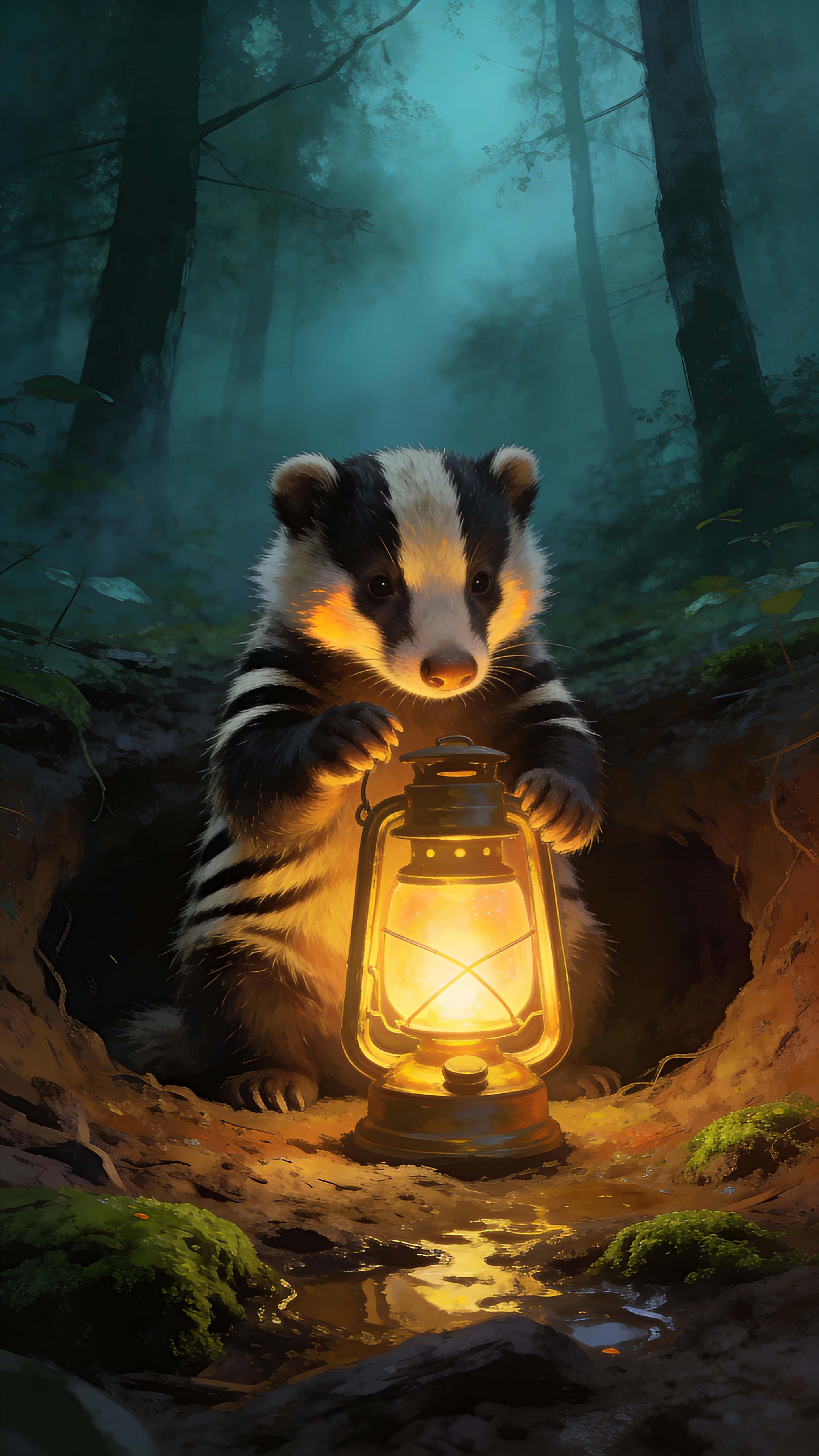 A young badger sits centered in a 9:16 foggy forest hollow, lifting a softly glowing lantern that casts warm light on its realistic stripes while cool teal shadows recede.