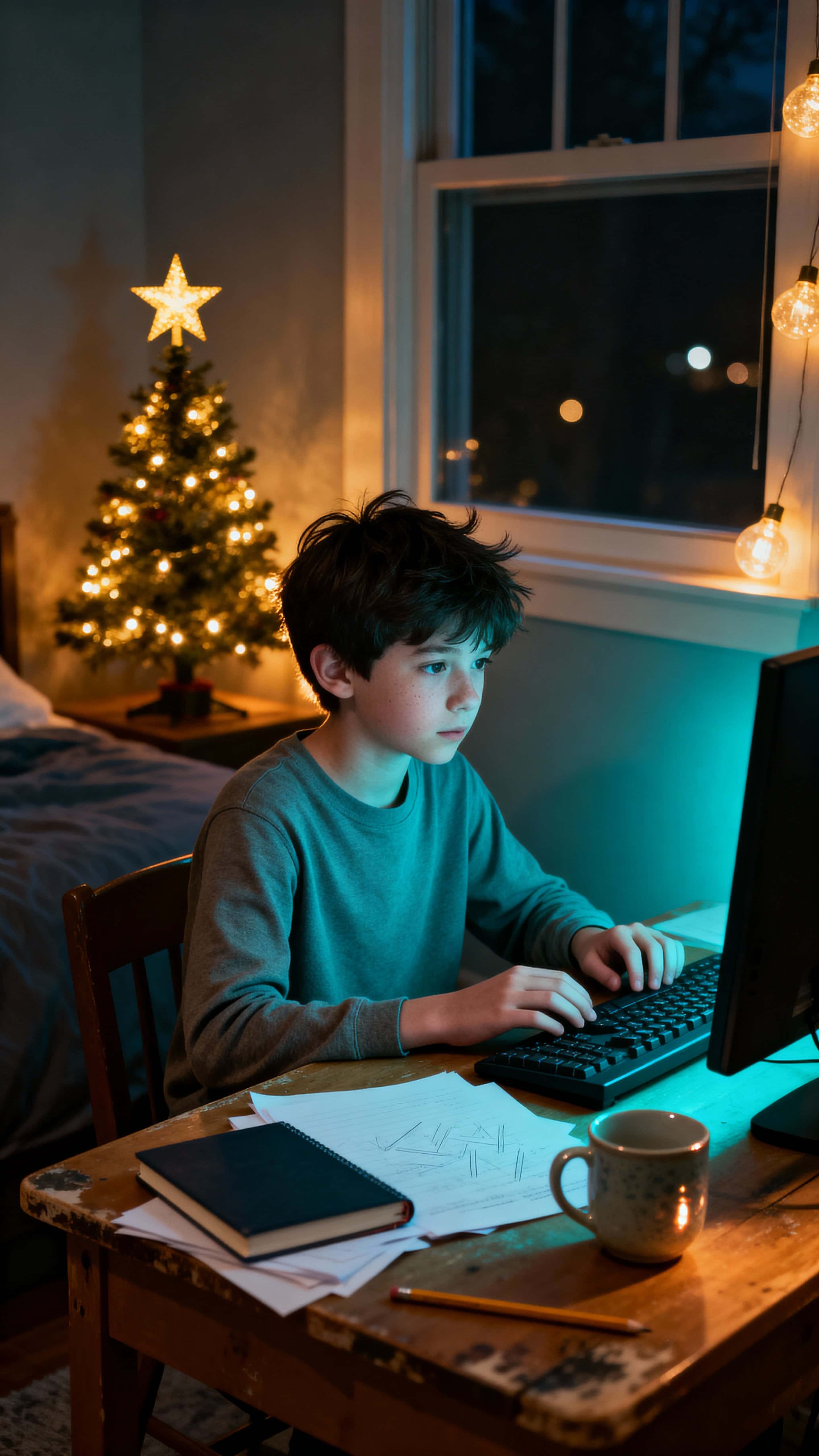 Photorealistic vertical portrait of a young boy at a desk, lit by a cool monitor glow and warm Christmas-tree lights creating a calm, intimate mood.