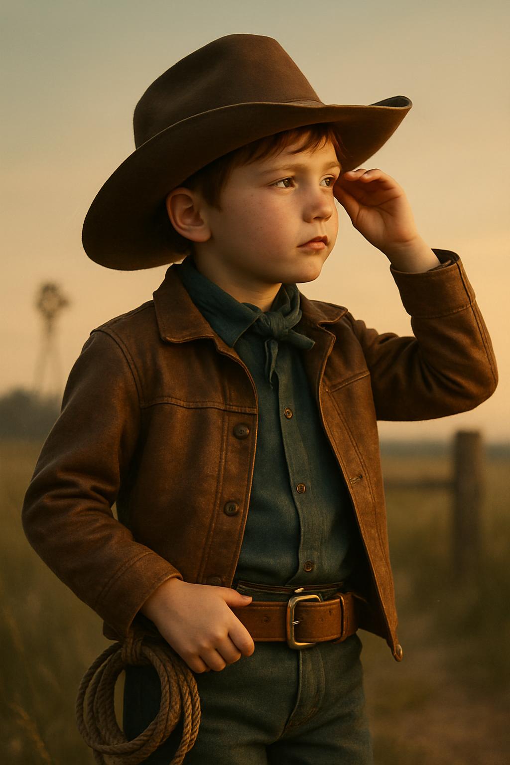 A stylized photographic portrait of a young boy dressed as a cowboy, captured with artistic sensibility and creative staging. The image focuses on character and texture, balancing cinematic lighting with handcrafted costume details to evoke a small, mythic western moment.