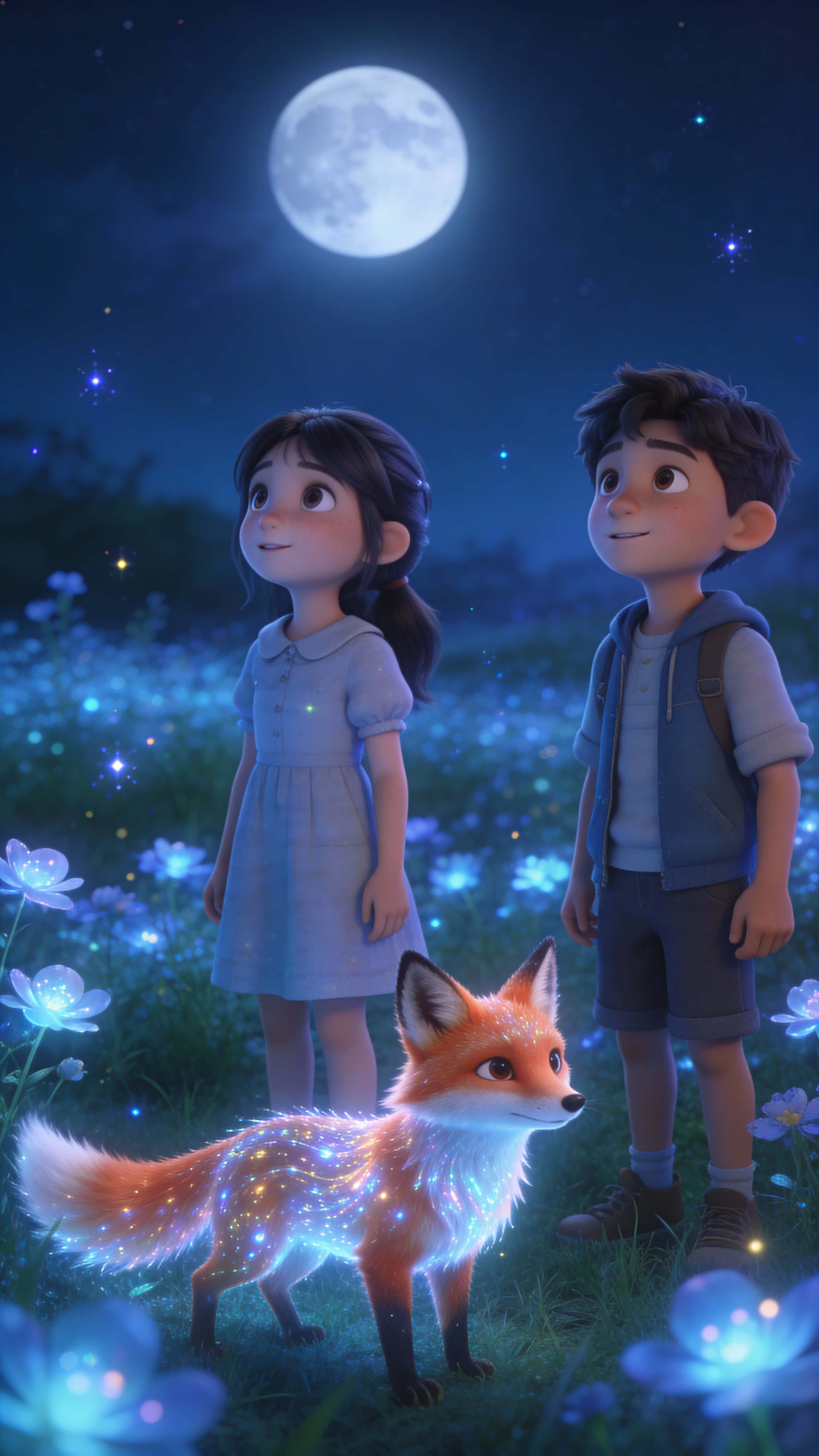 A heartwarming 3D animated scene of a young girl and boy with a magical fox standing in a softly glowing meadow at night under dreamy blue tones and gentle moonlight, framed vertically 9:16.