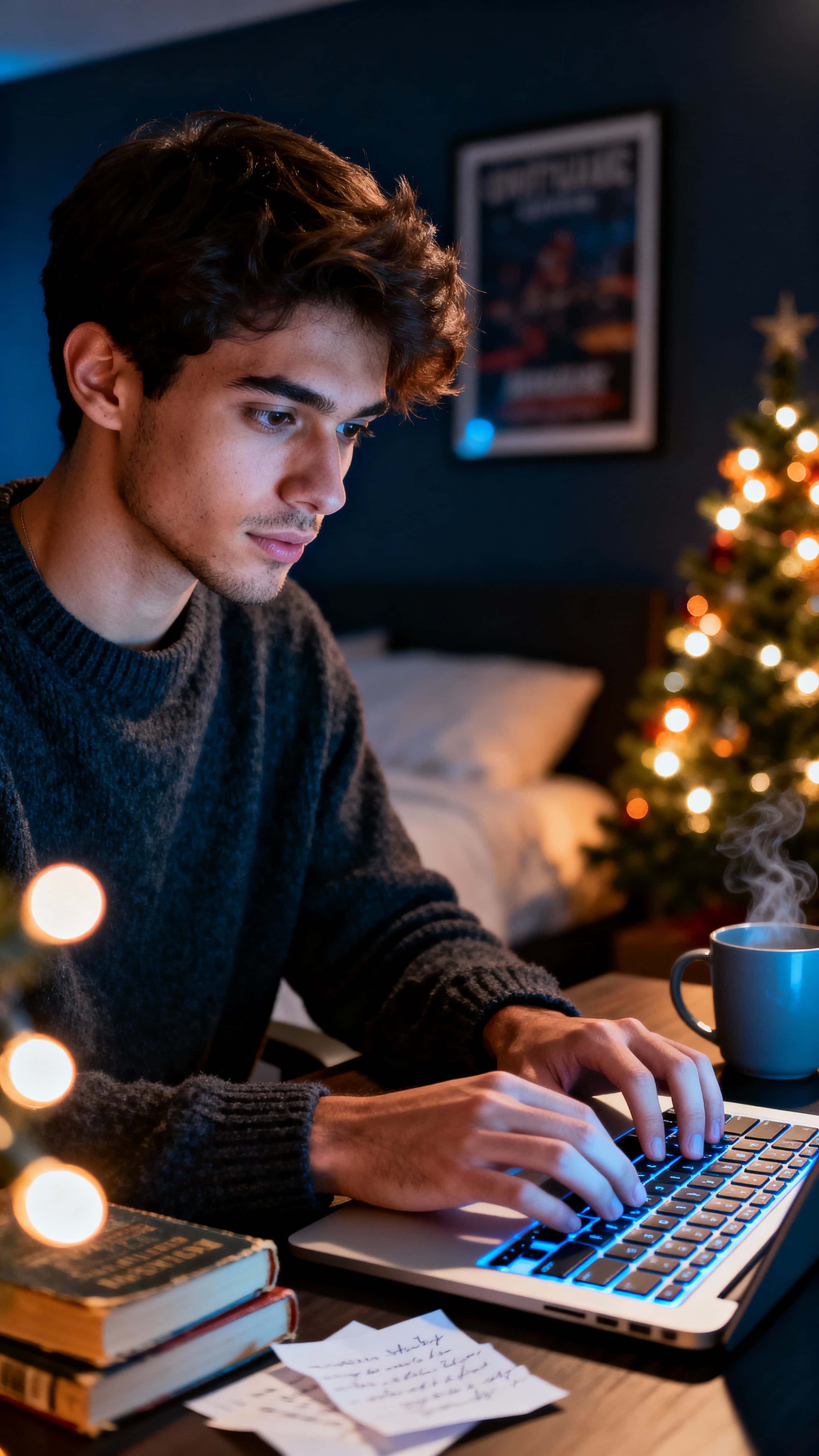 DSLR-style vertical photo of a focused young man typing in a dim bedroom with warm Christmas tree lights and cool monitor glow, intimate and calm.