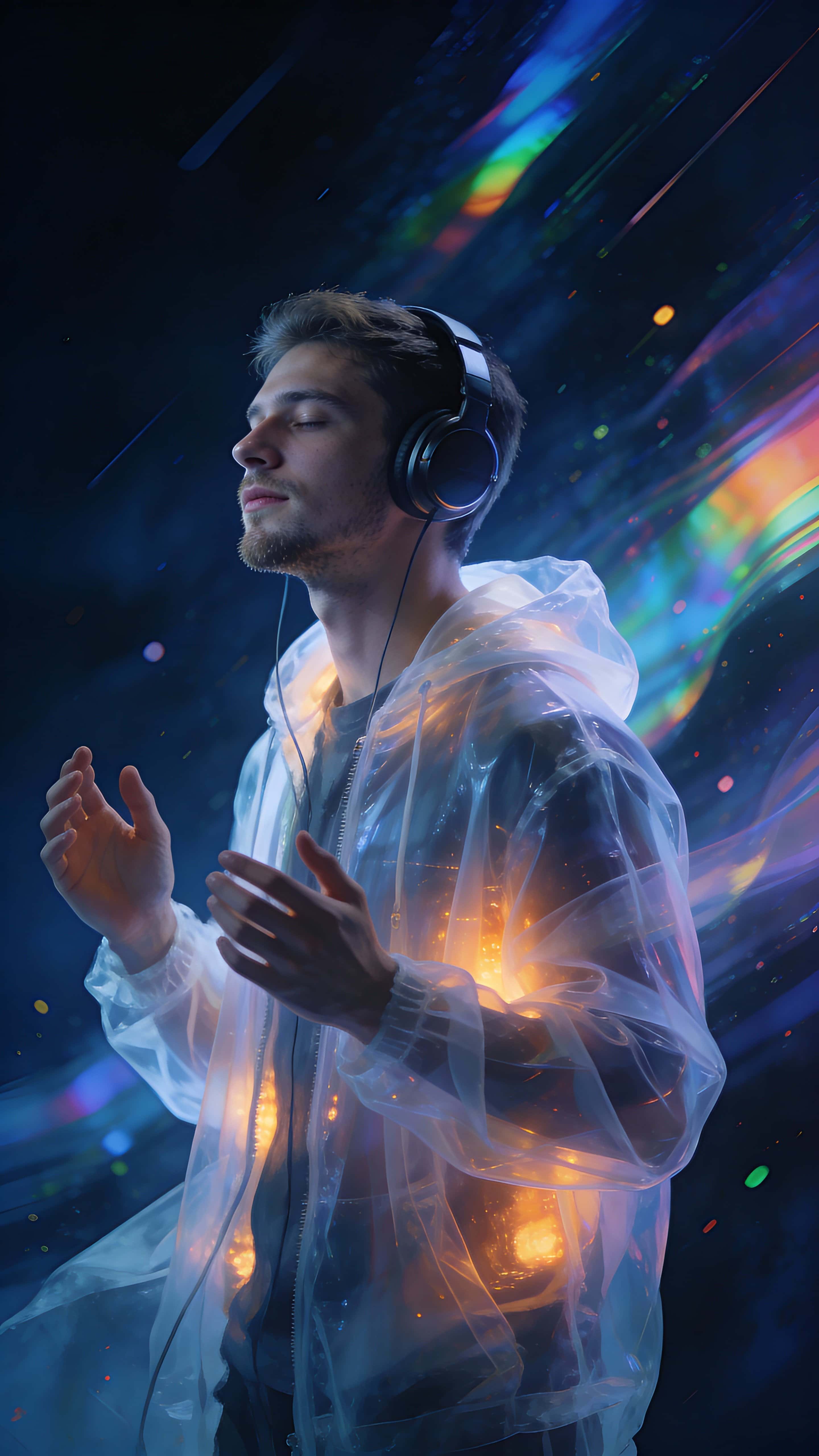 A young man with short hair and light stubble listens with over-ear headphones in a 9:16 medium portrait inside a dark abstract space of flowing rainbow reflections, deep-blue particles, cool facial light and a warm glow beneath a luminous,