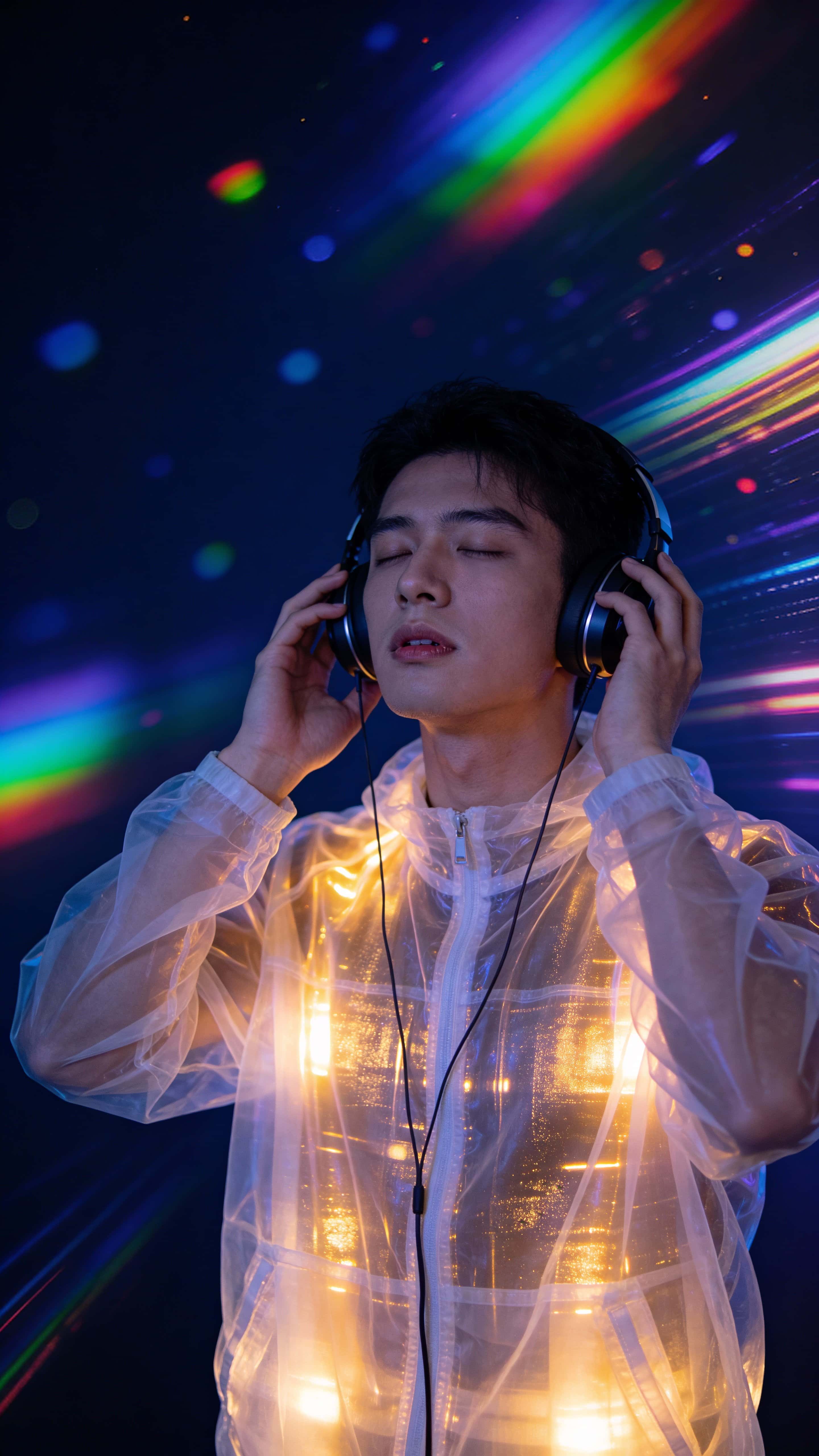 A young man absorbed in music in a 9:16 dark neon portrait wears modern headphones and a translucent jacket with warm golden inner lights, cool facial highlights, and colorful light trails across an indigo background.