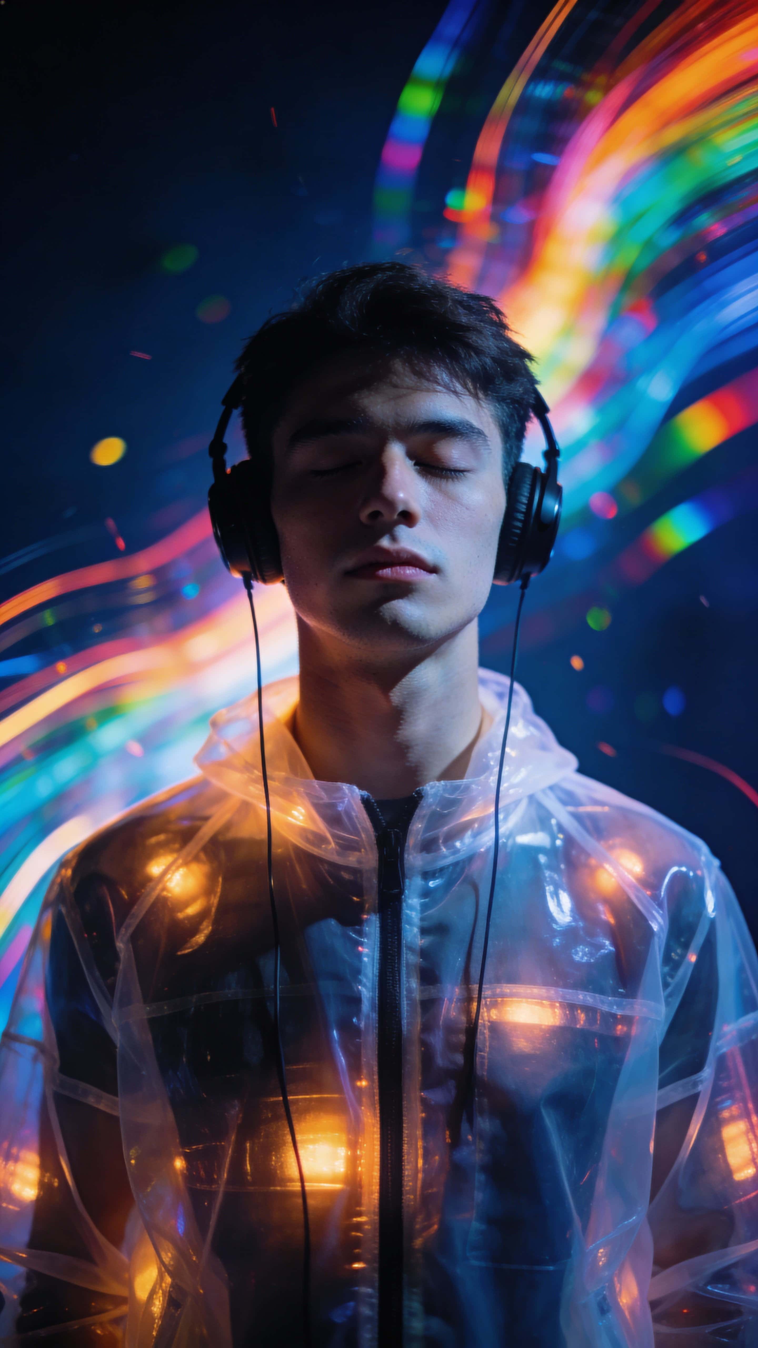 A young man centered in a 9:16 neon music portrait, eyes closed with black headphones and a translucent jacket glowing internally, surrounded by fluid rainbow light trails on deep indigo.