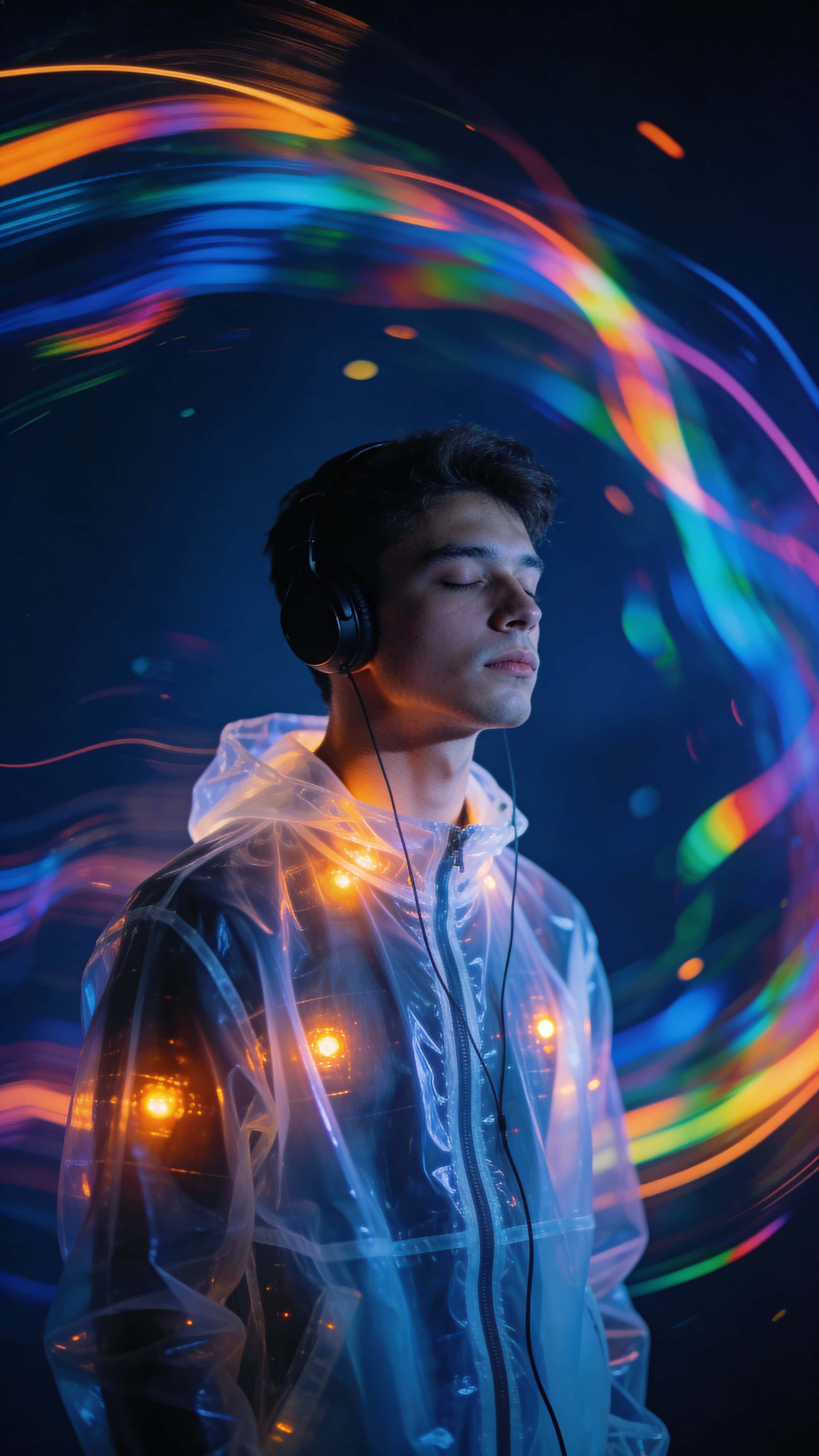 A young man stands centered in a 9:16 neon-lit music portrait with a translucent jacket glowing from within, closed eyes, and colorful light trails sweeping across a deep indigo background.