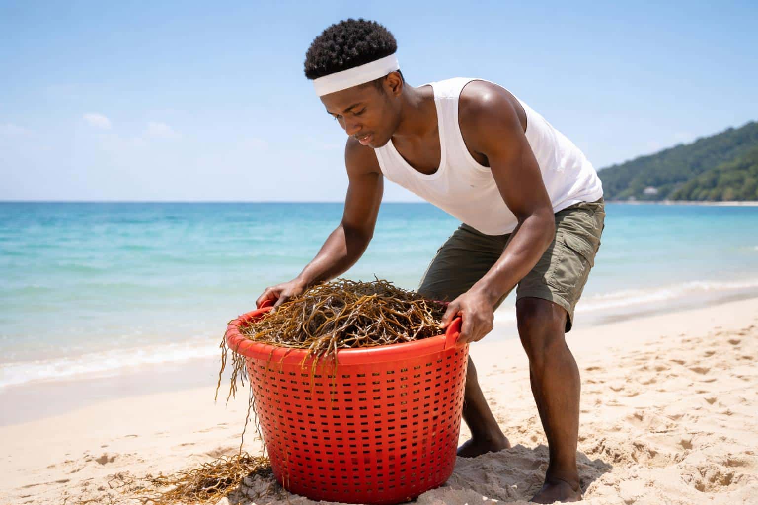 A young man in a white sleeveless shirt lifts a red basket of seaweed on a sunny beach with turquoise ocean waves and a clear blue sky.