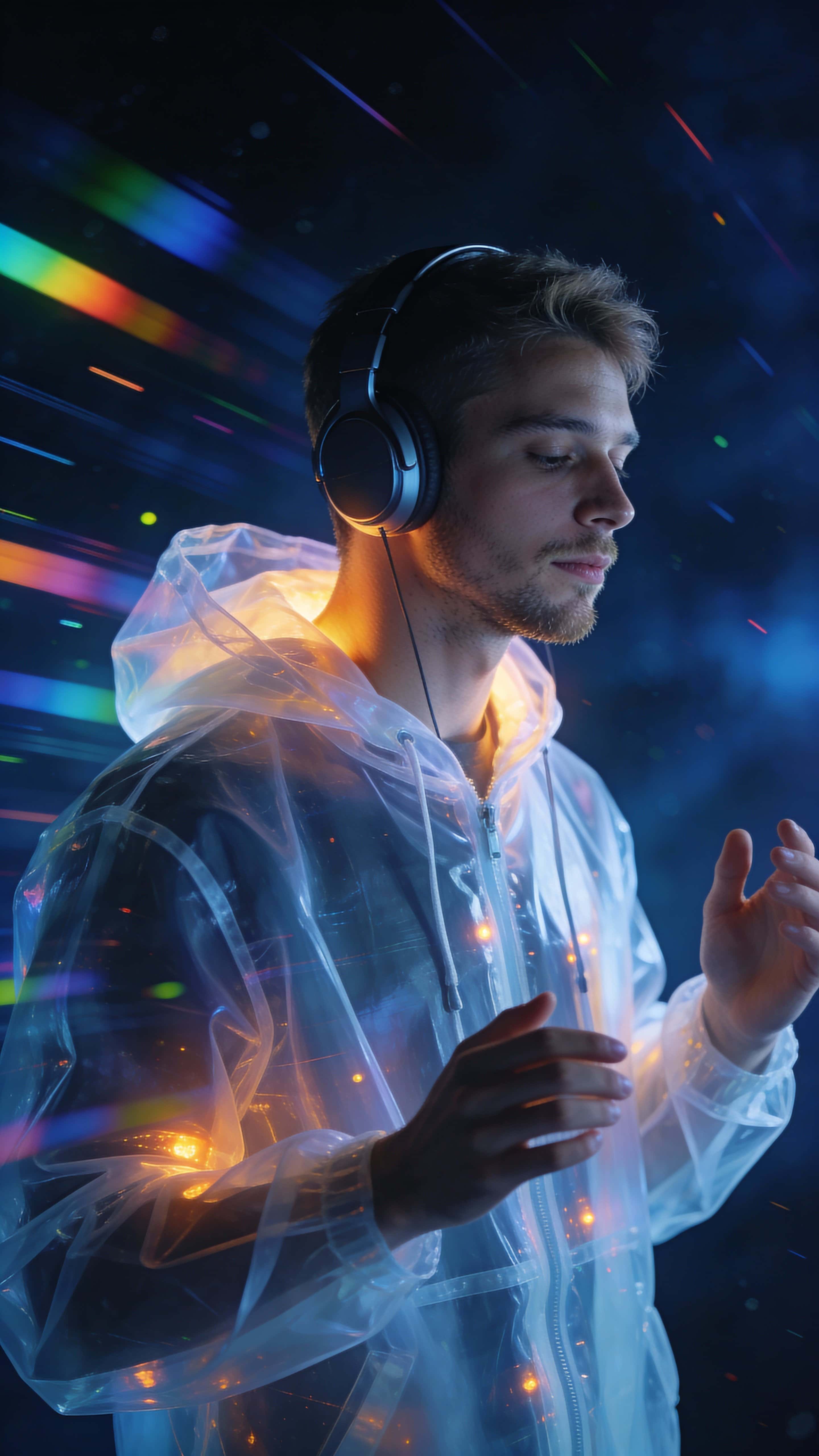 A young man with short hair and light stubble wears a translucent hooded jacket and over-ear headphones in a 9:16 medium portrait set in deep blue abstract space with flowing rainbow reflections, diagonal colorful light particles, cool face