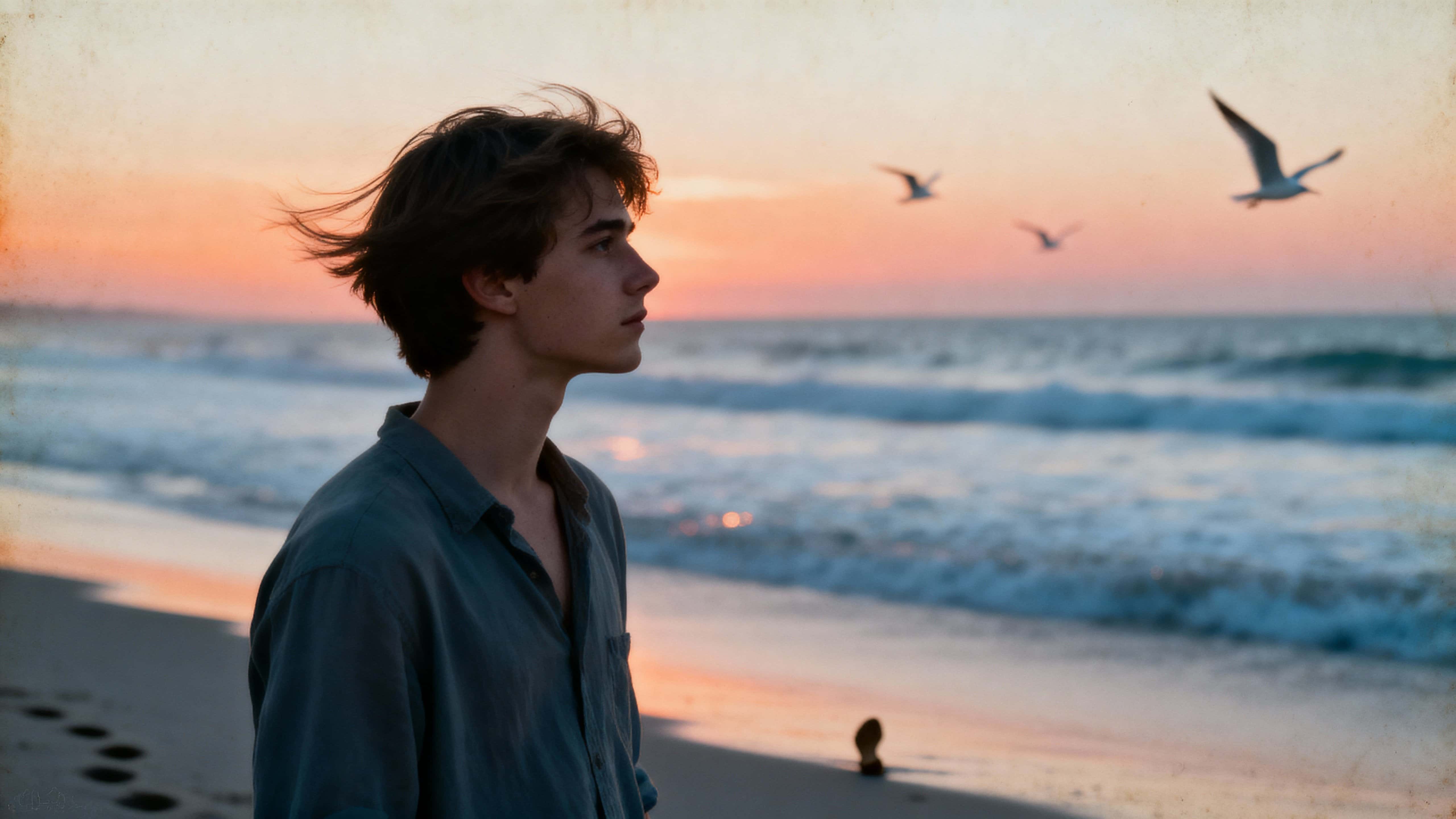 A young man stands alone on a quiet beach at sunset with soft orange and pink light reflecting on gentle waves, wind through his hair and distant seagulls creating a nostalgic, cinematic mood.