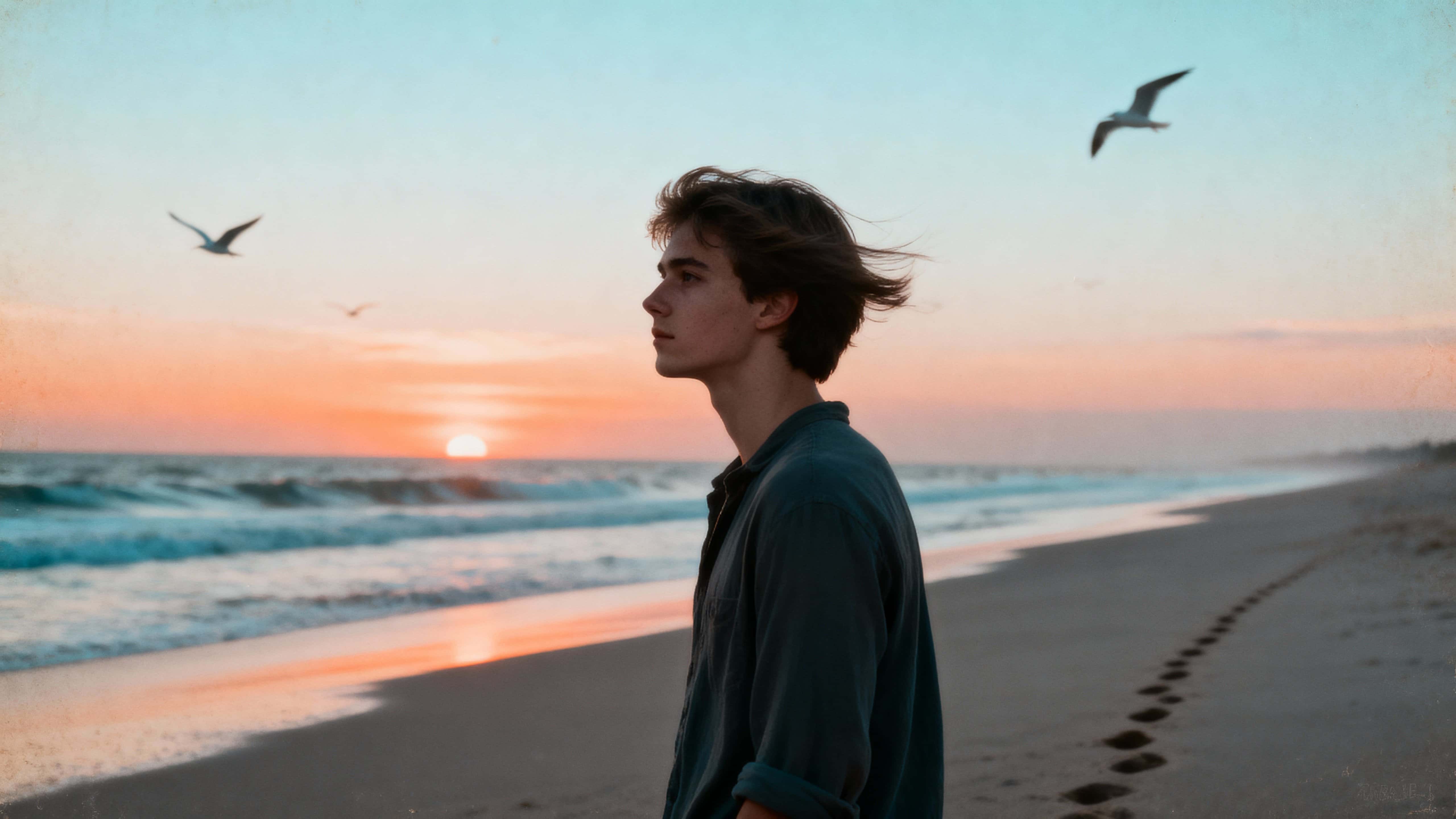 A young man stands alone on a quiet beach at sunset with soft orange and pink light reflecting on gentle waves, wind through his hair and distant seagulls creating a nostalgic, cinematic mood.