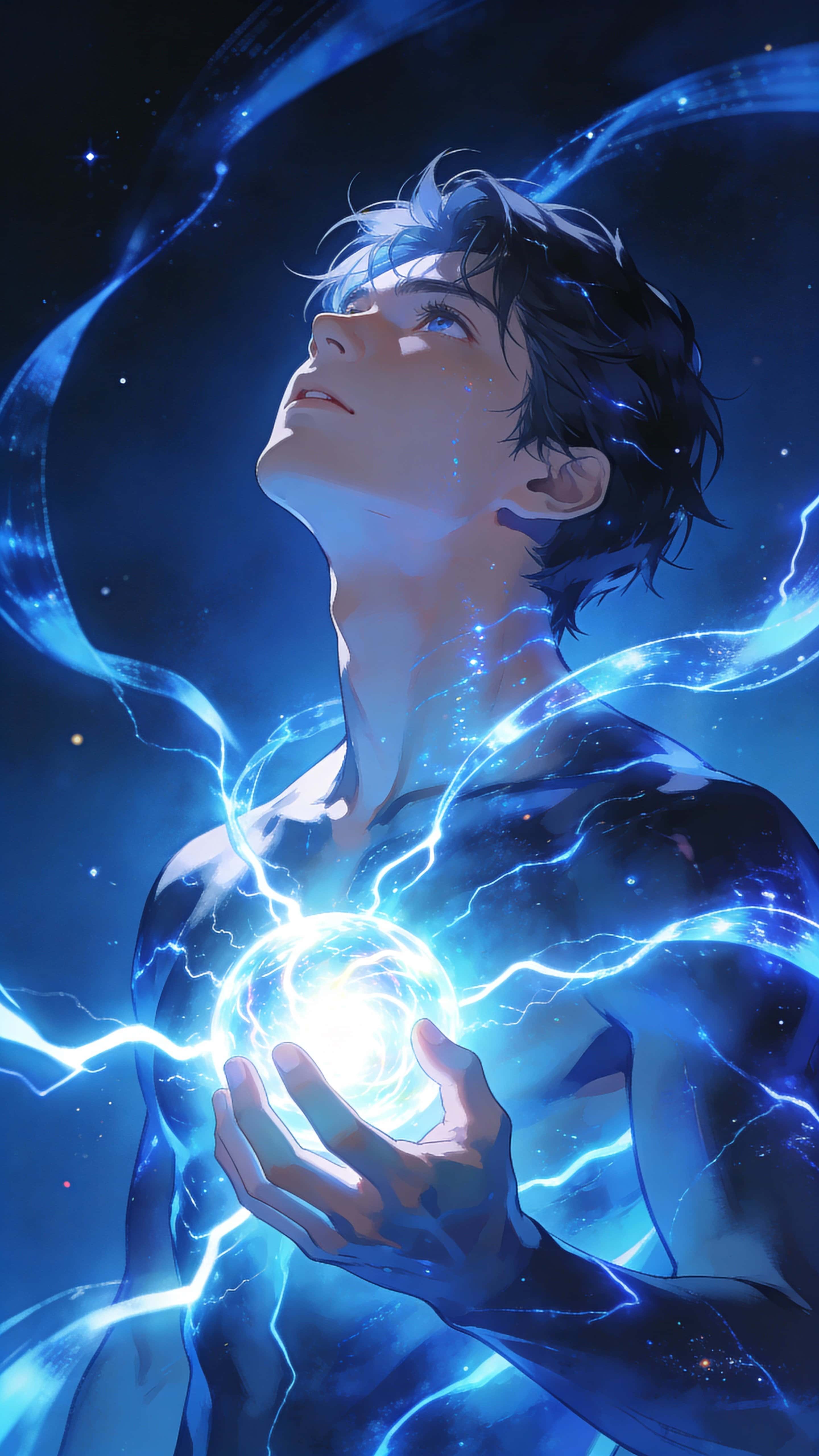 Vertical 9:16 cinematic anime-style fantasy portrait of a young man, head tilted upward amid swirling glowing blue energy ribbons, holding a radiant orb as emotional power awakens.