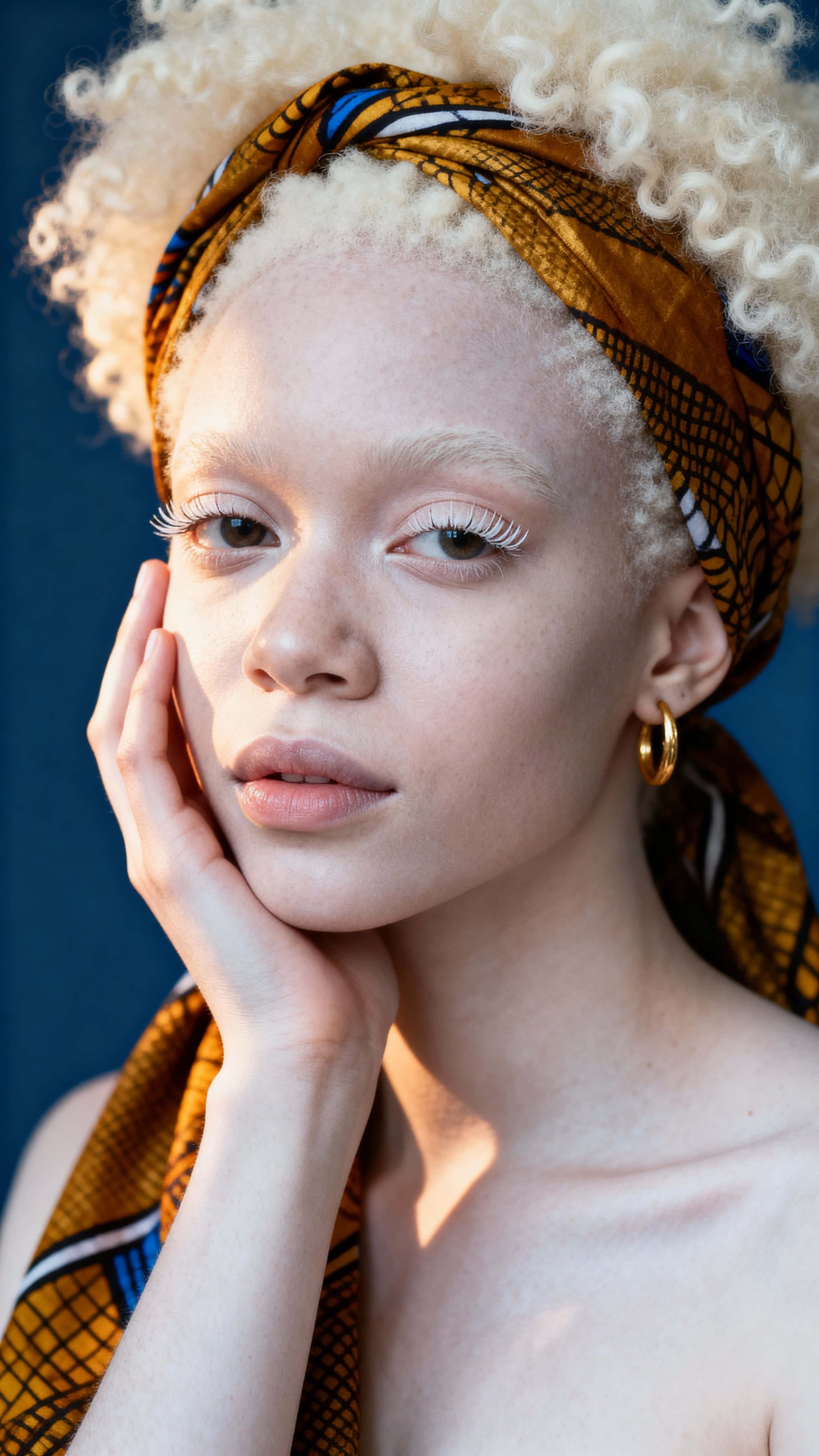Close head-and-shoulders studio portrait of a young Nigerian woman with albinism, platinum curls and an Ankara headwrap against a diffused indigo backdrop with warm gold highlights.