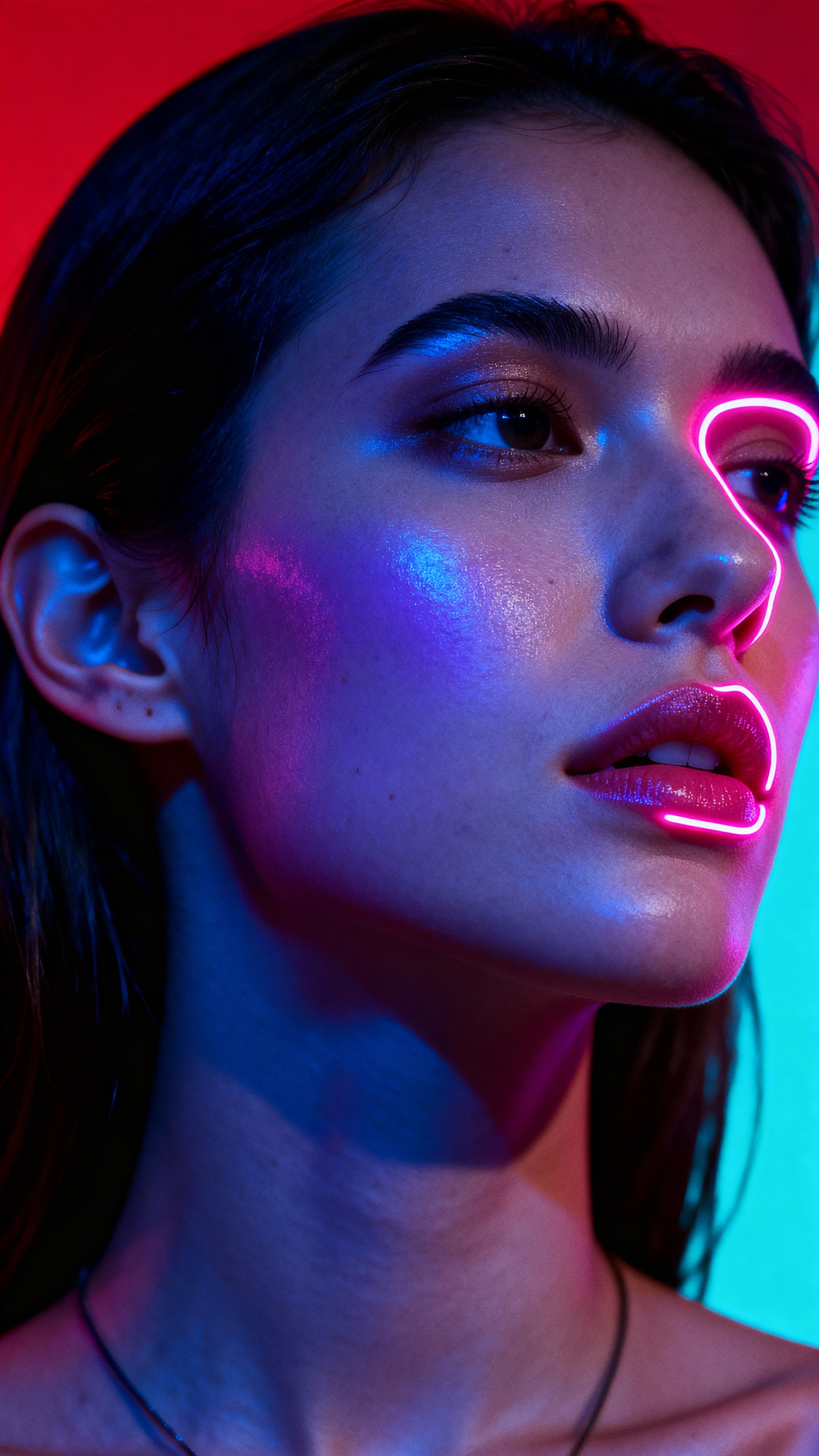 A young person in profile with head tilted back, lit by deep blue and violet shadows and a thin neon-pink rim, set against a single bold red or cyan background.