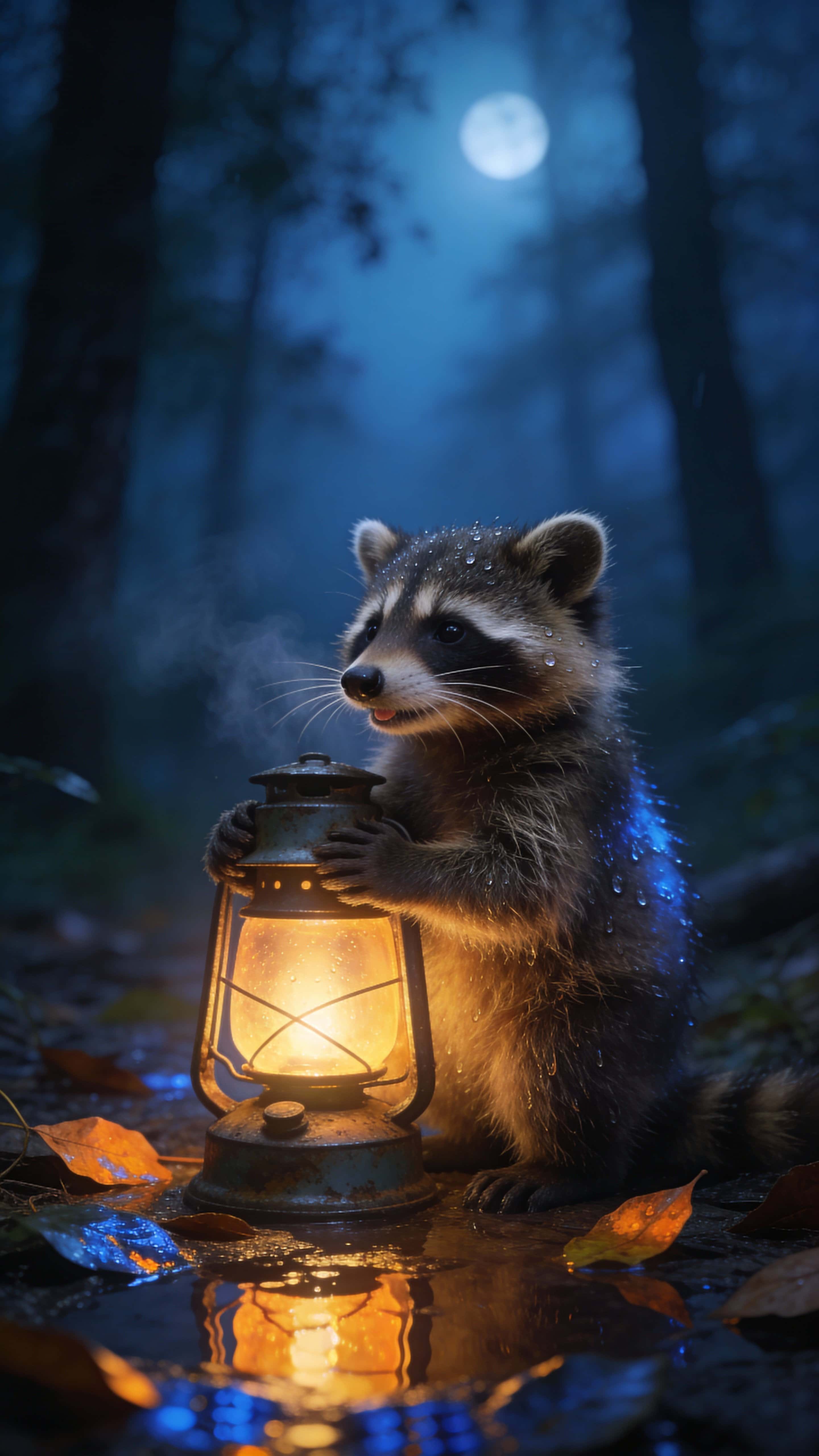 Photoreal young raccoon clutching a warm lantern in a misty blue-tinged forest at twilight, fur glowing softly and moist ground reflecting light.