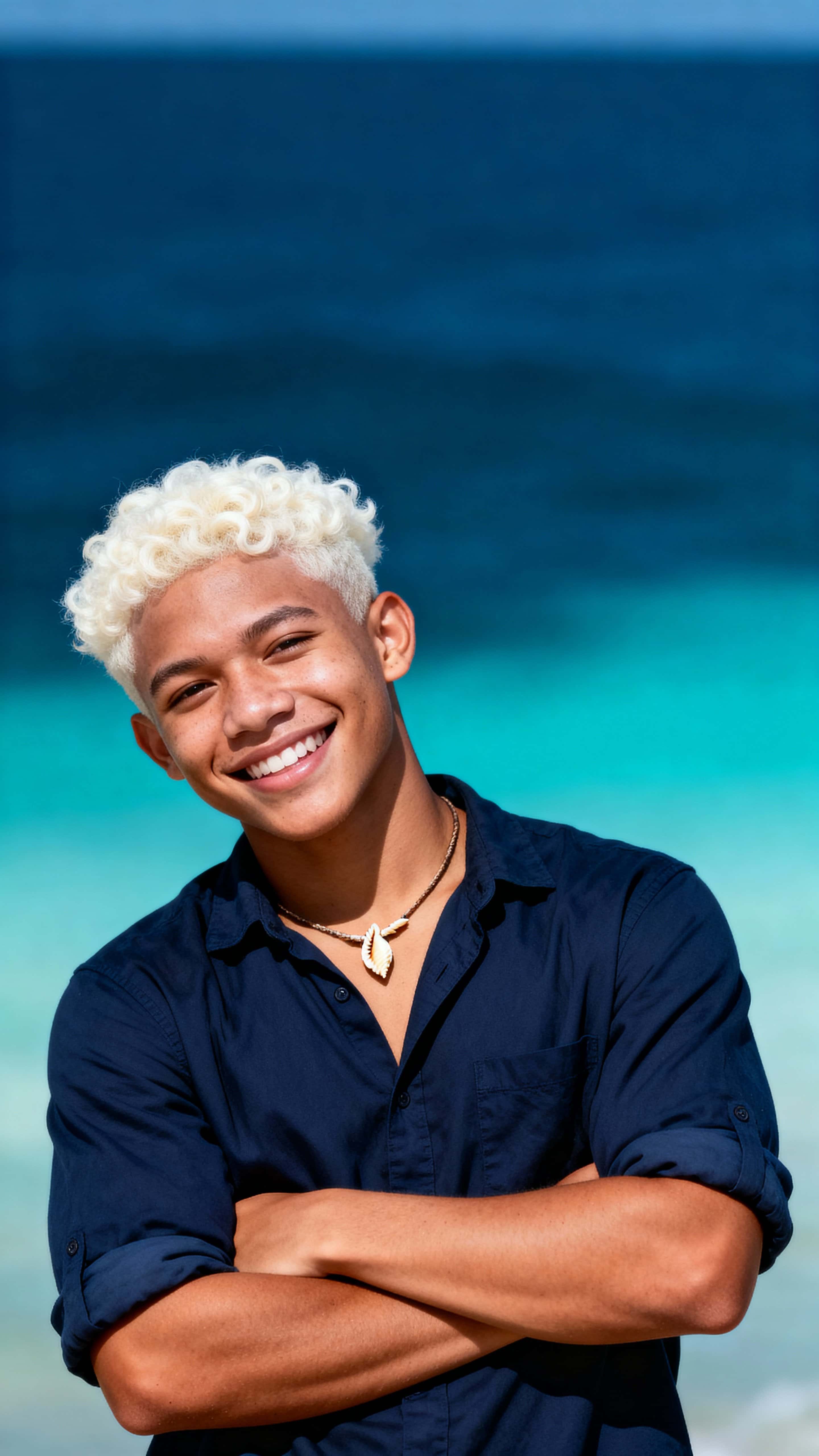 A relaxed mid-torso portrait of a young Samoan man with albinism against a deep ocean-blue to turquoise gradient, warm skin tones, white curls, shell necklace, and a soft left-side light.