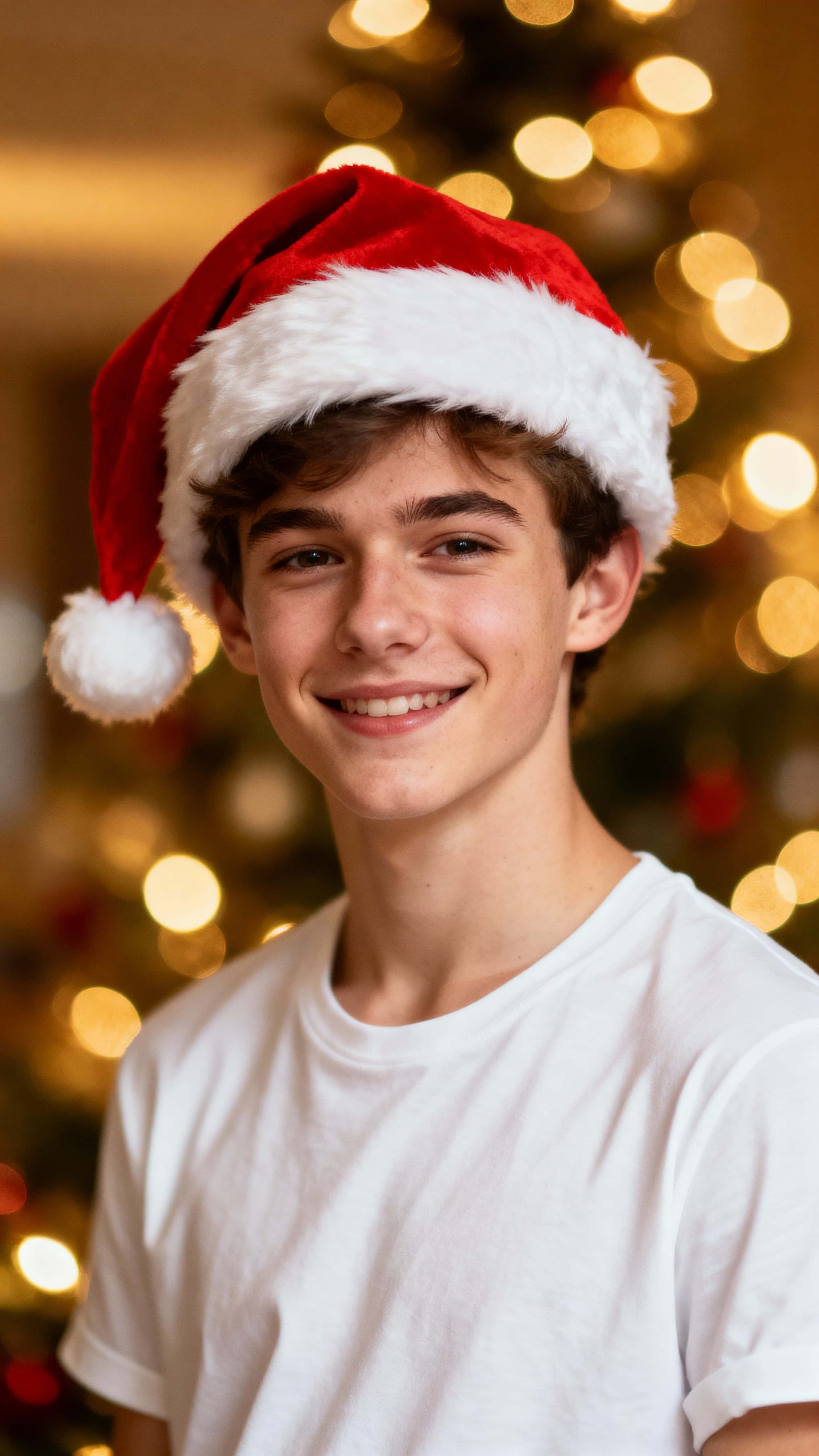 Close-cropped young Santa Claus portrait in a 9:16 vertical frame, smiling gently in a red hat and white tee, warm golden tones with soft cream bokeh and deep forest-green accents.