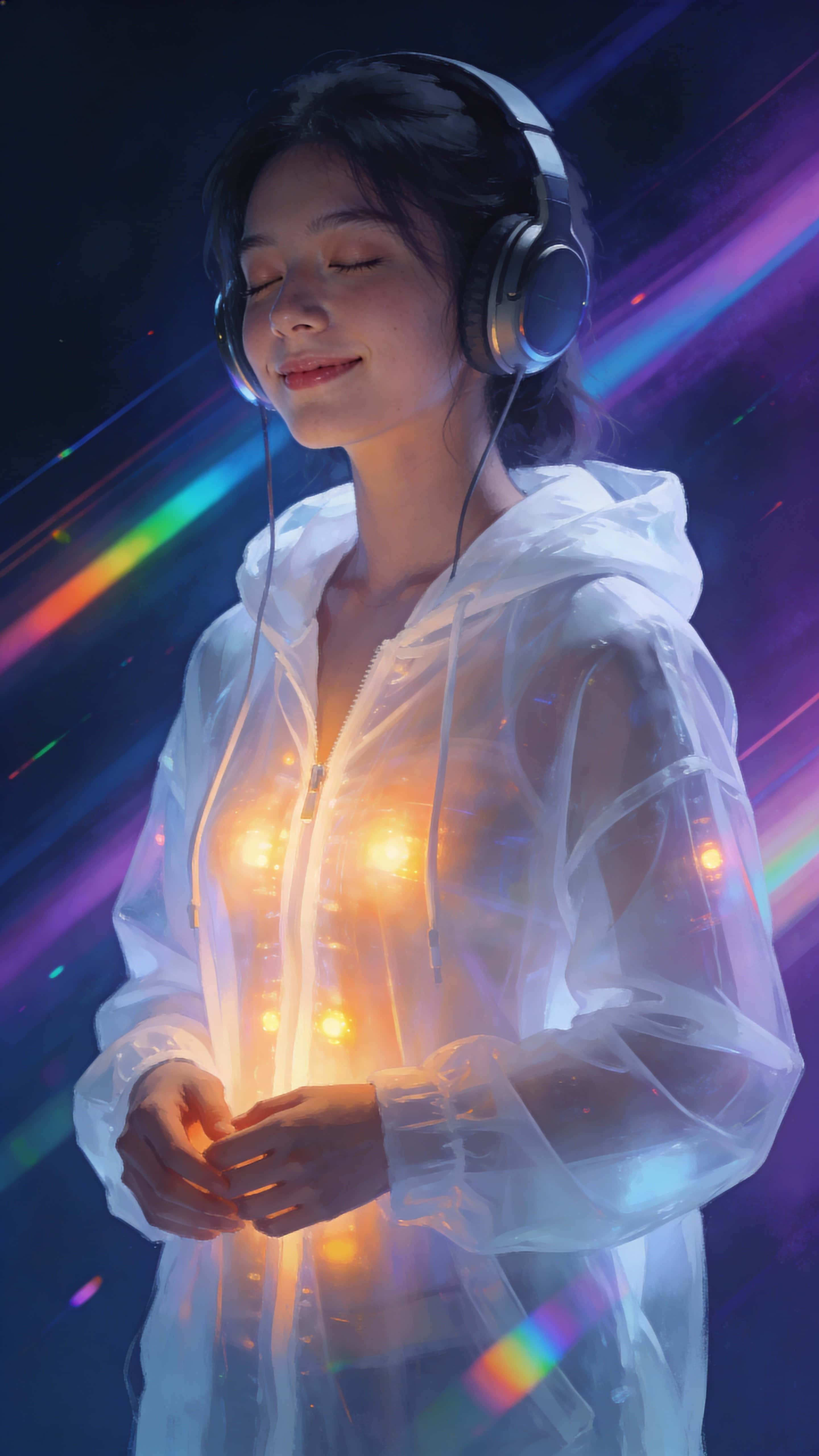 A young woman stands centered in a 9:16 frame within a dark futuristic space of flowing rainbow light streaks; eyes closed in a gentle smile as warm underglow softly illuminates her translucent hooded jacket.