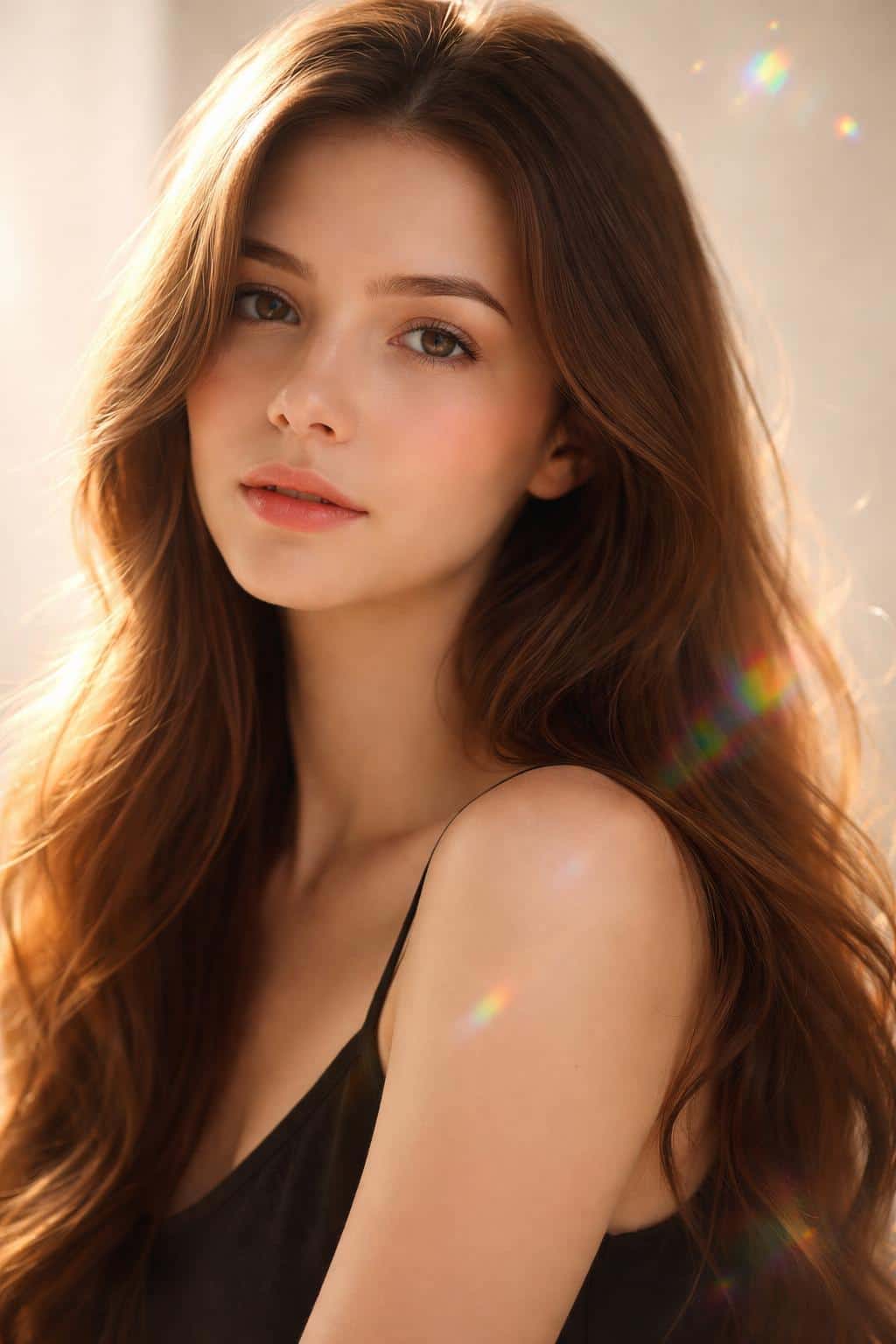 Close, faithful portrait of a young woman in fine-art photography with prism-refraction highlights and soft rim light, composed and cropped for a 2:3 poster-cover image.