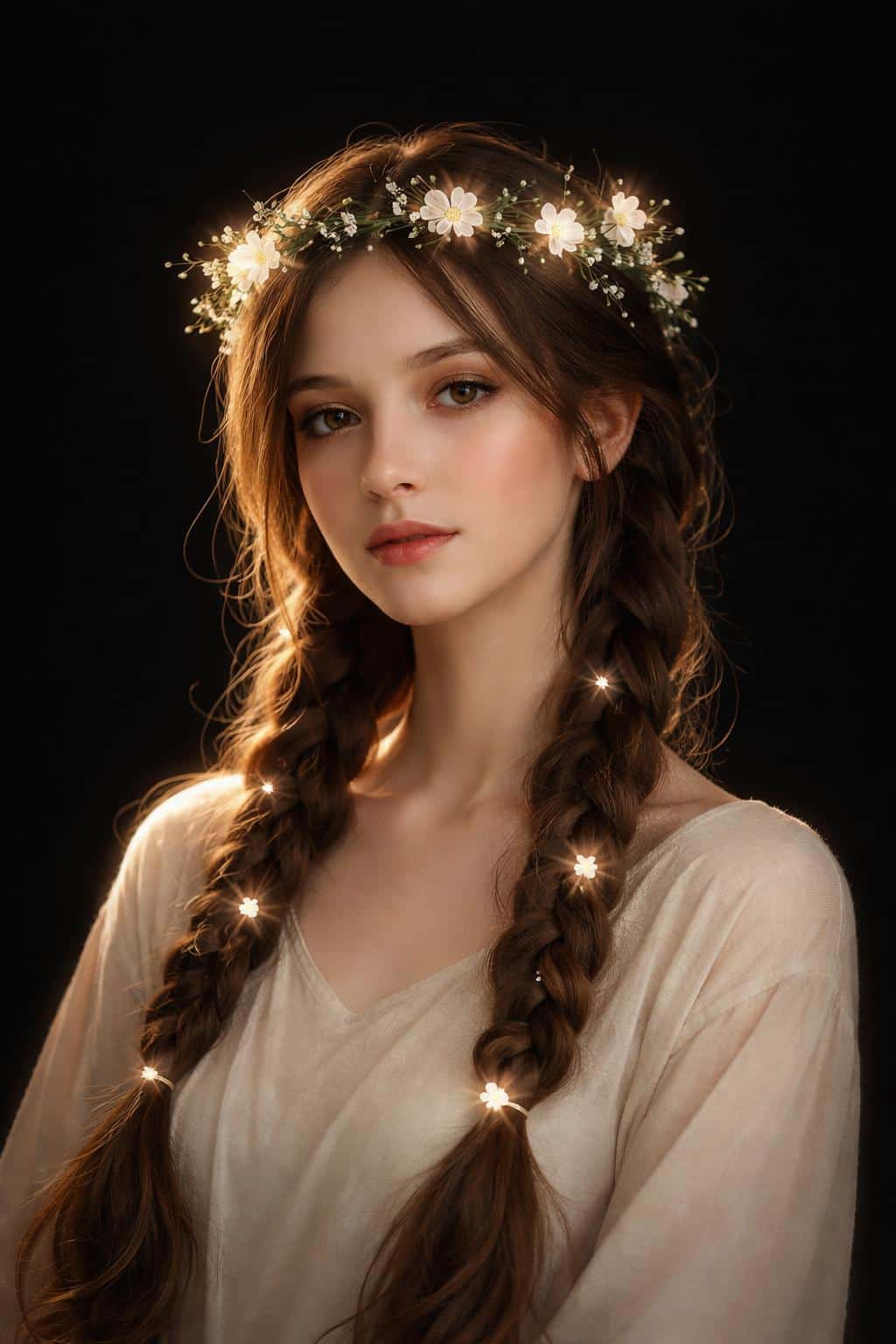 Close-cropped 2:3 digital painting of a serene young woman in twin braids lit by tiny glowing flowers, photoreal-stylized illustration suitable for poster or wallpaper.