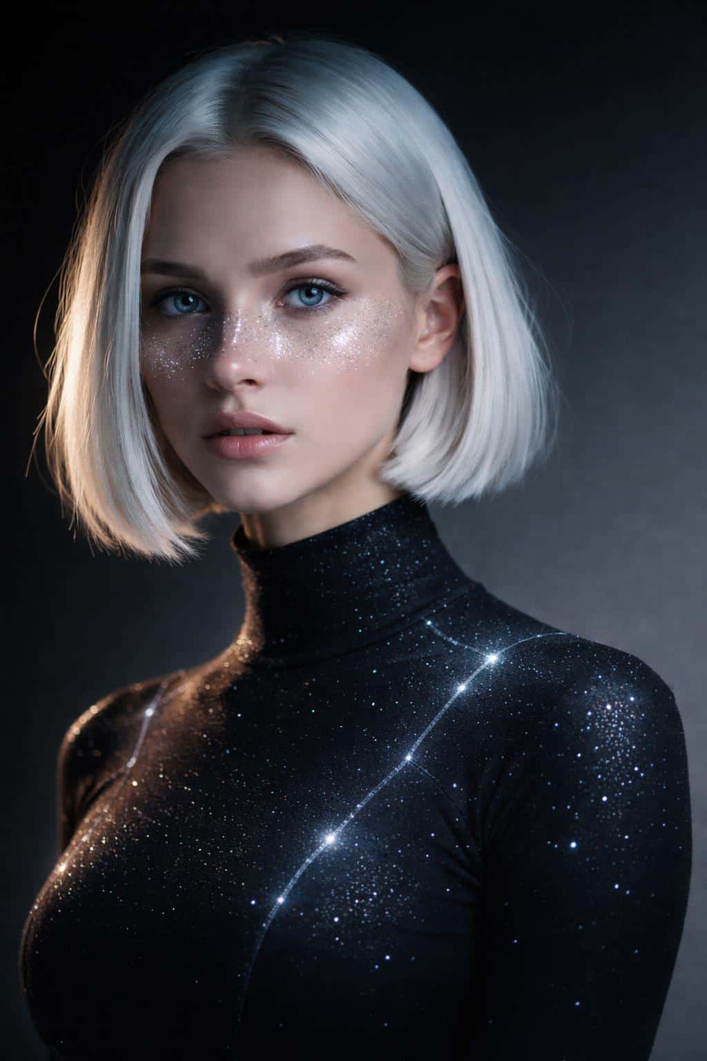 Close-up portrait of a young woman in a luminescent, star-speckled bodysuit and glittered facial makeup, rendered as polished editorial portrait photography for wallpaper use.