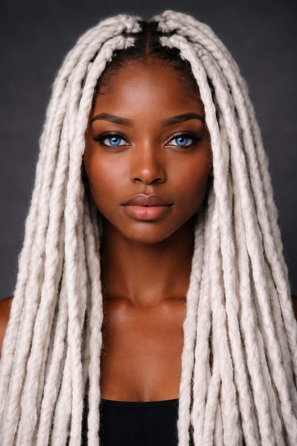 Close-up portrait of a young Black woman with long white dreadlocks, photographed as a studio portrait with soft frontal light and neutral background for poster or wallpaper use.