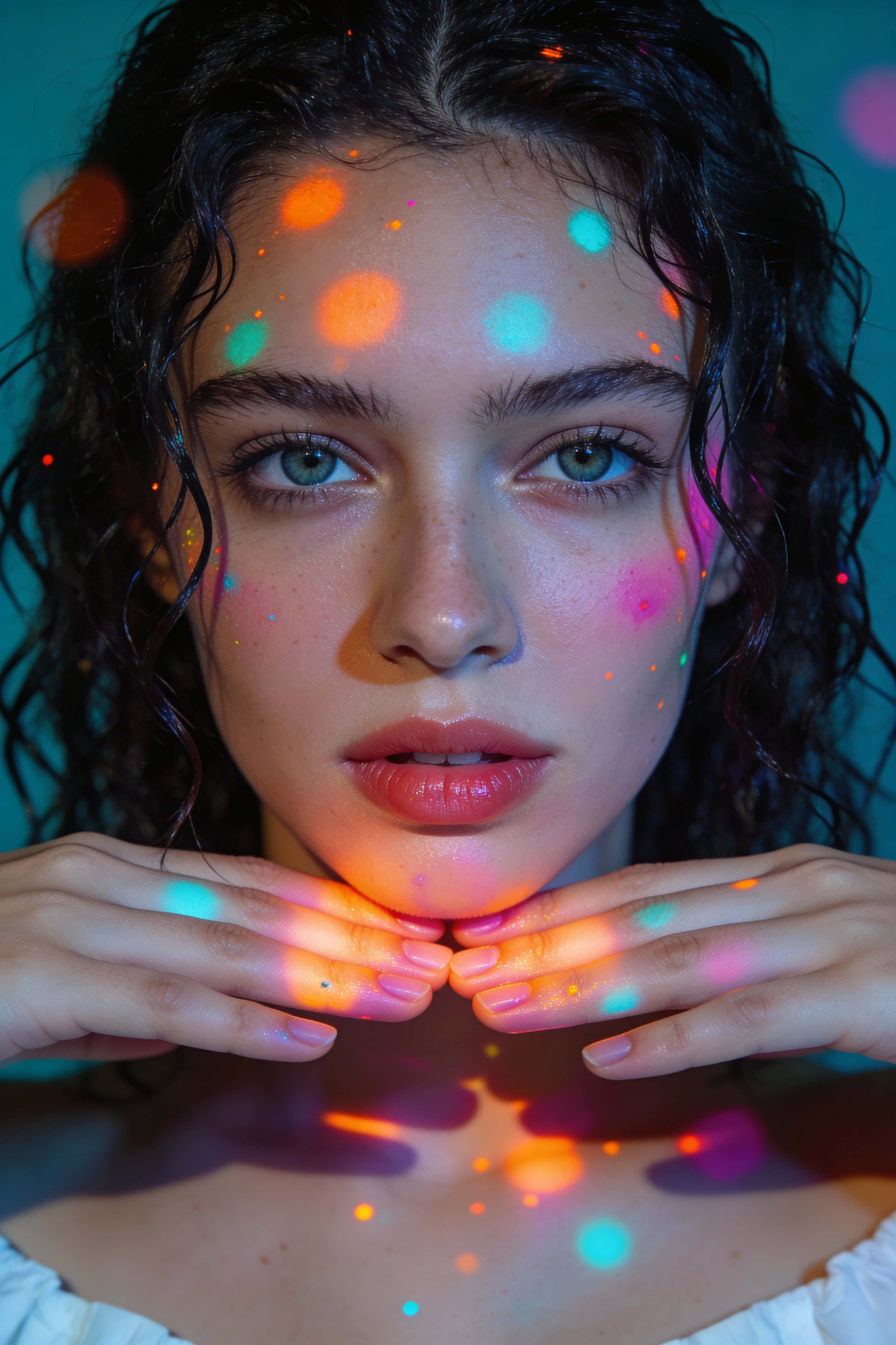 Close-up portrait photo of a young woman with multicolored neon speckles across her face and hands, shot as a 2:3 framed fine-art poster-cover with dreamy studio lighting.