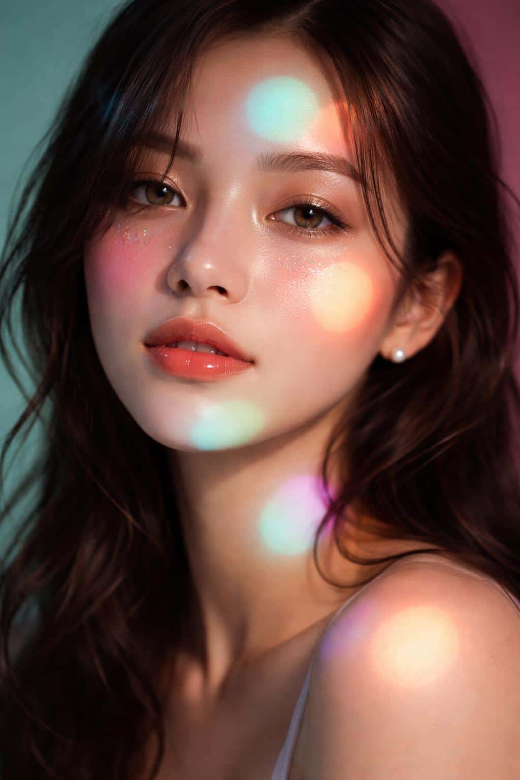 Close-up portrait photograph of a young woman in a 2:3 vertical crop with multicolored gobo light spots and glittered under-eye highlights for wallpaper use.