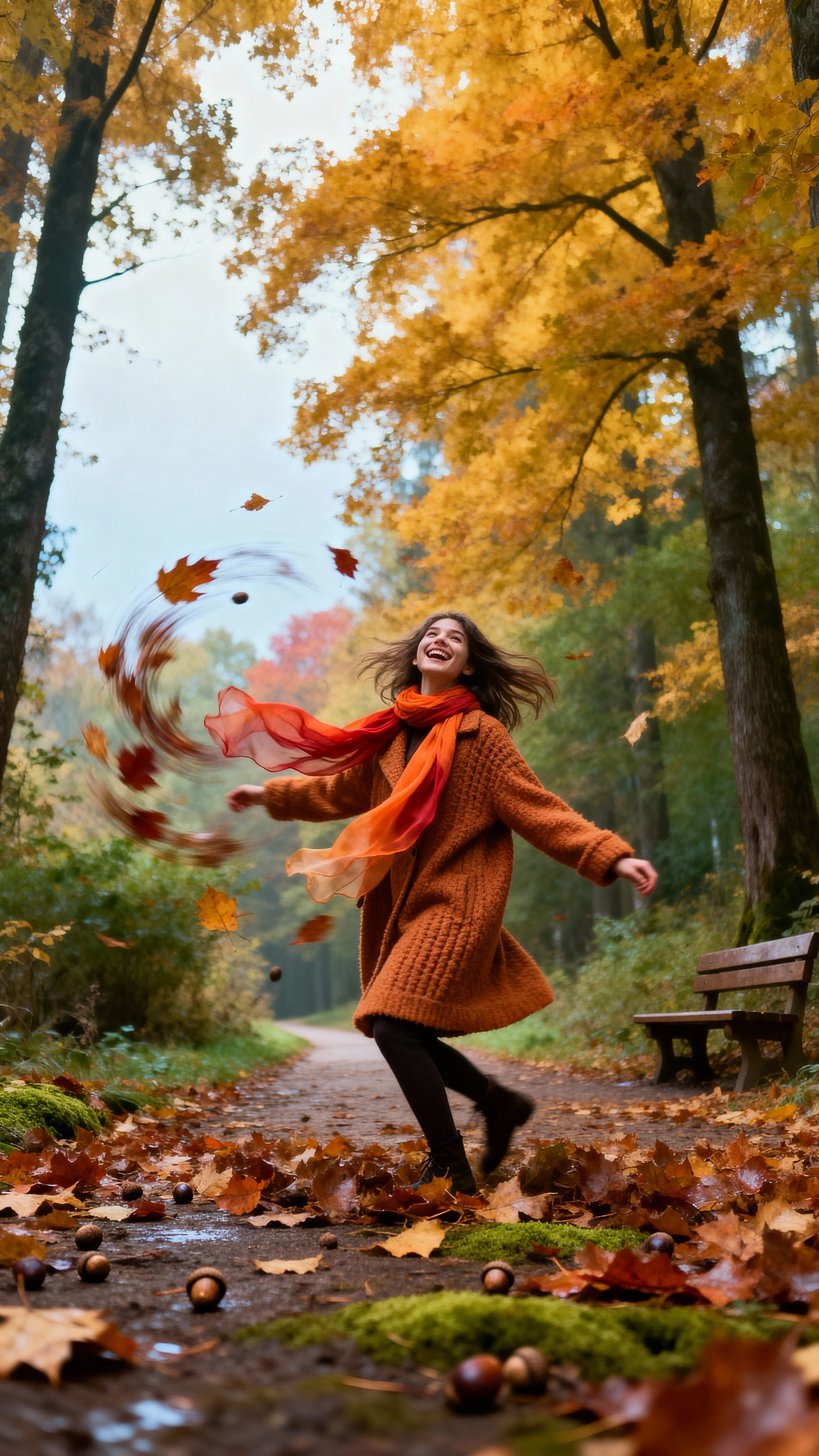 A young woman in a long caramel wool coat twirls on a quiet forest path beneath falling leaves, her scarf lifted in a warm, golden, dreamlike autumn moment.
