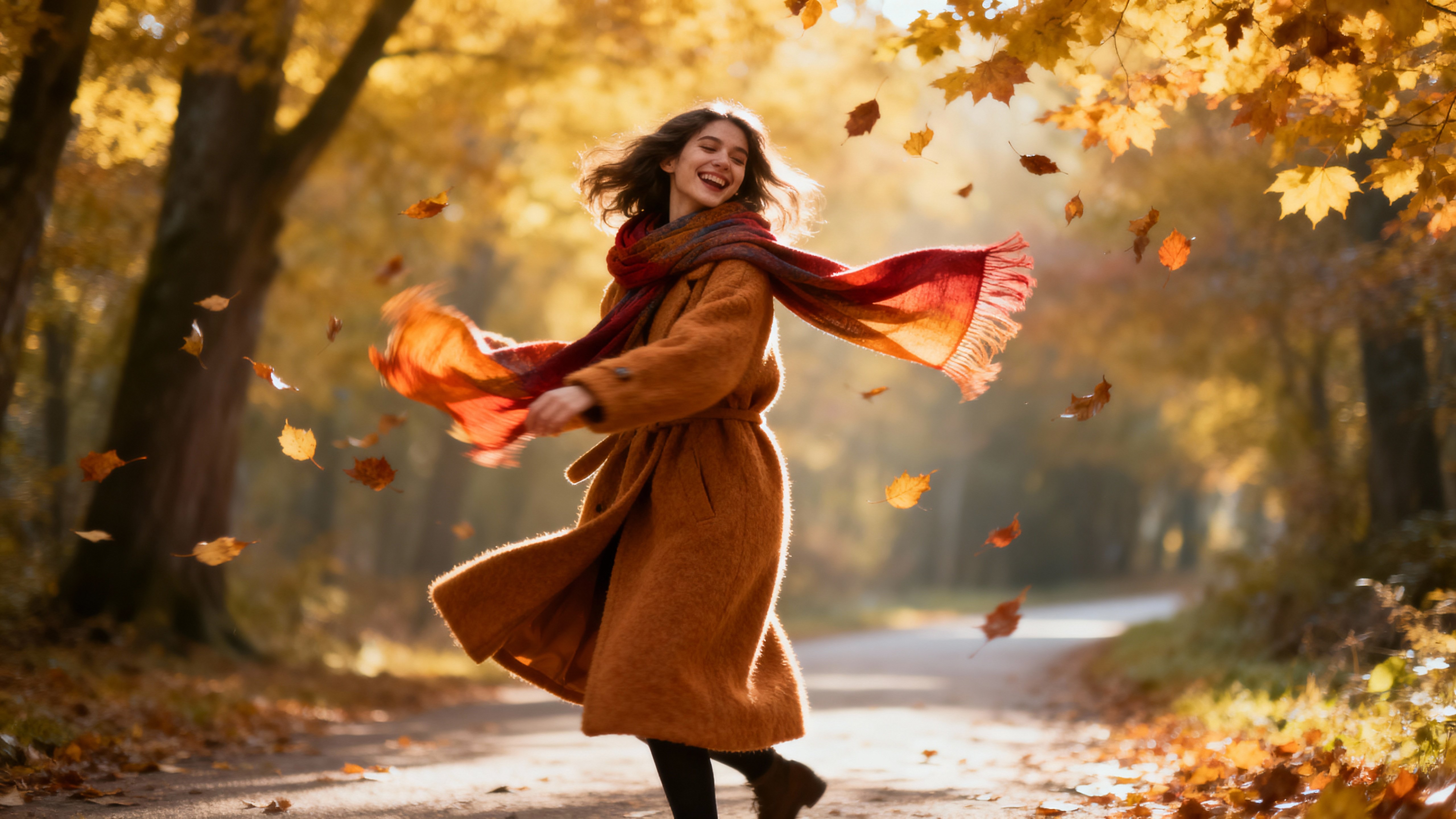 A young woman in a long caramel wool coat twirls beneath orange and crimson falling leaves on a quiet forest path as golden light filters through canopies, blurring distant trees into a painterly backdrop.