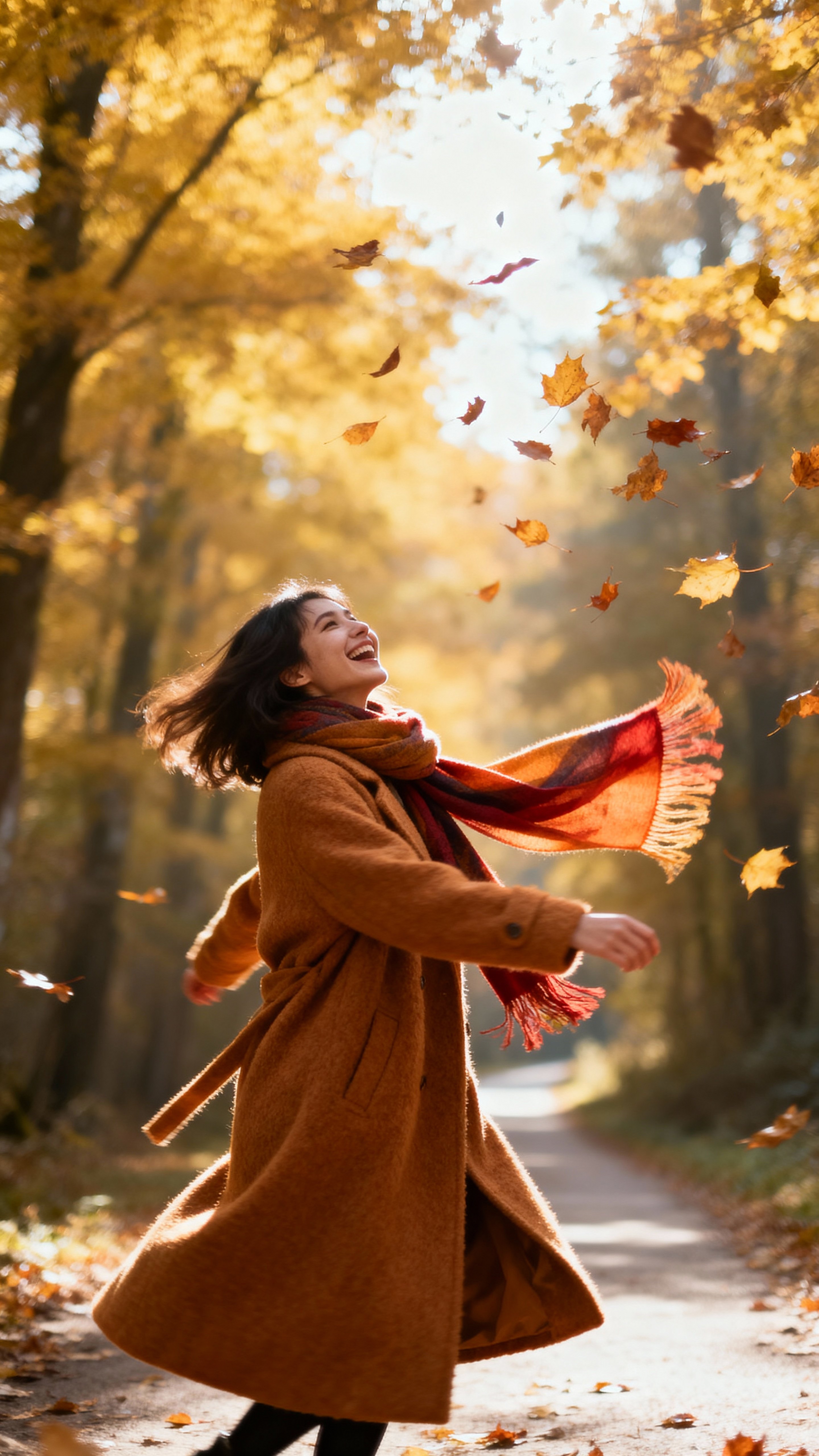 A young woman in a caramel wool coat twirls beneath orange and crimson leaves on a quiet forest path as golden sunlight filters through green canopies, her scarf flaring.