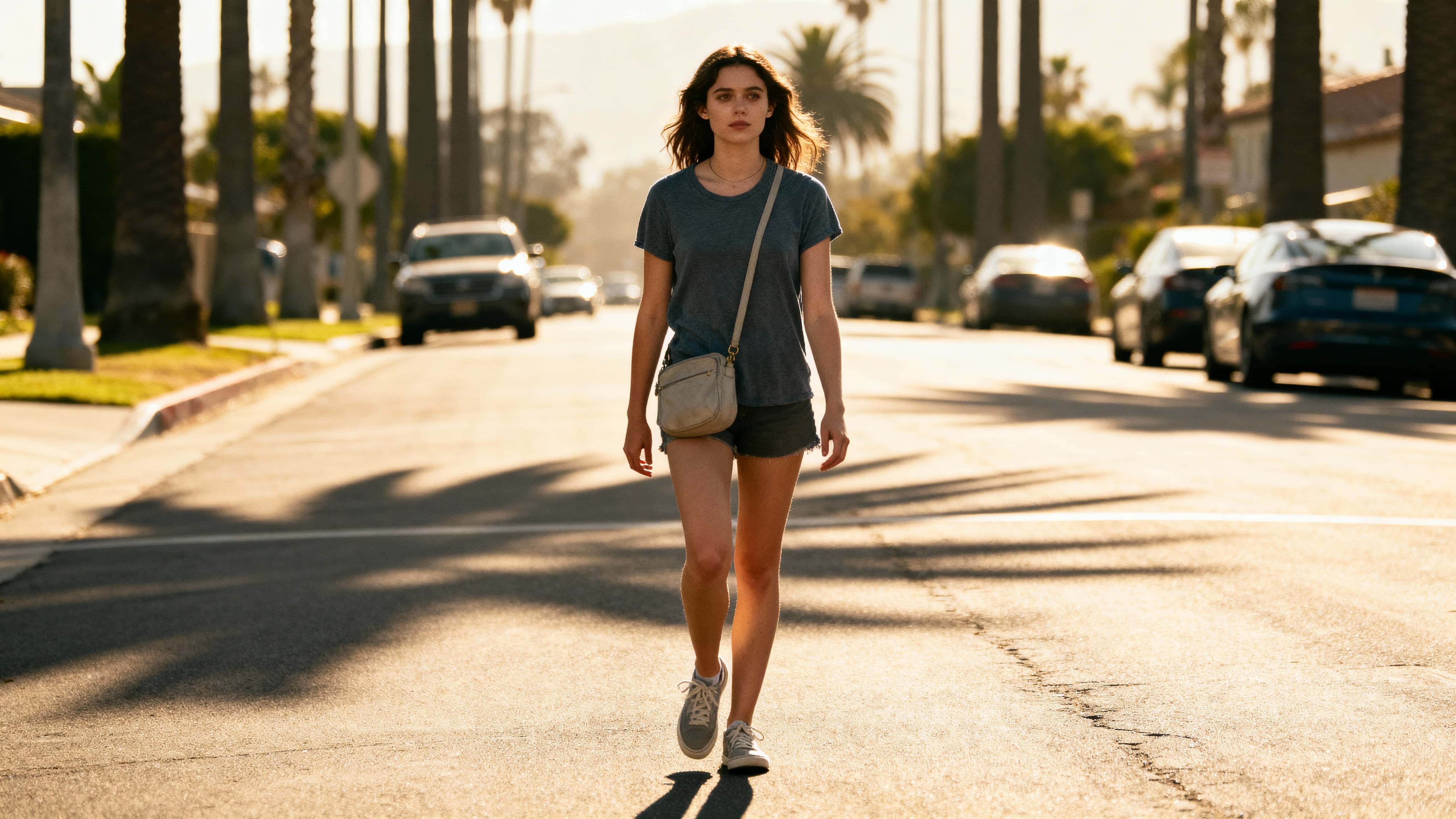 A sunlit portrait of a young woman crossing a Los Angeles street with palm-tree shadows on the pavement, warm tones and a shallow depth of field framing a relaxed, cinematic moment in a 16:9 crop.