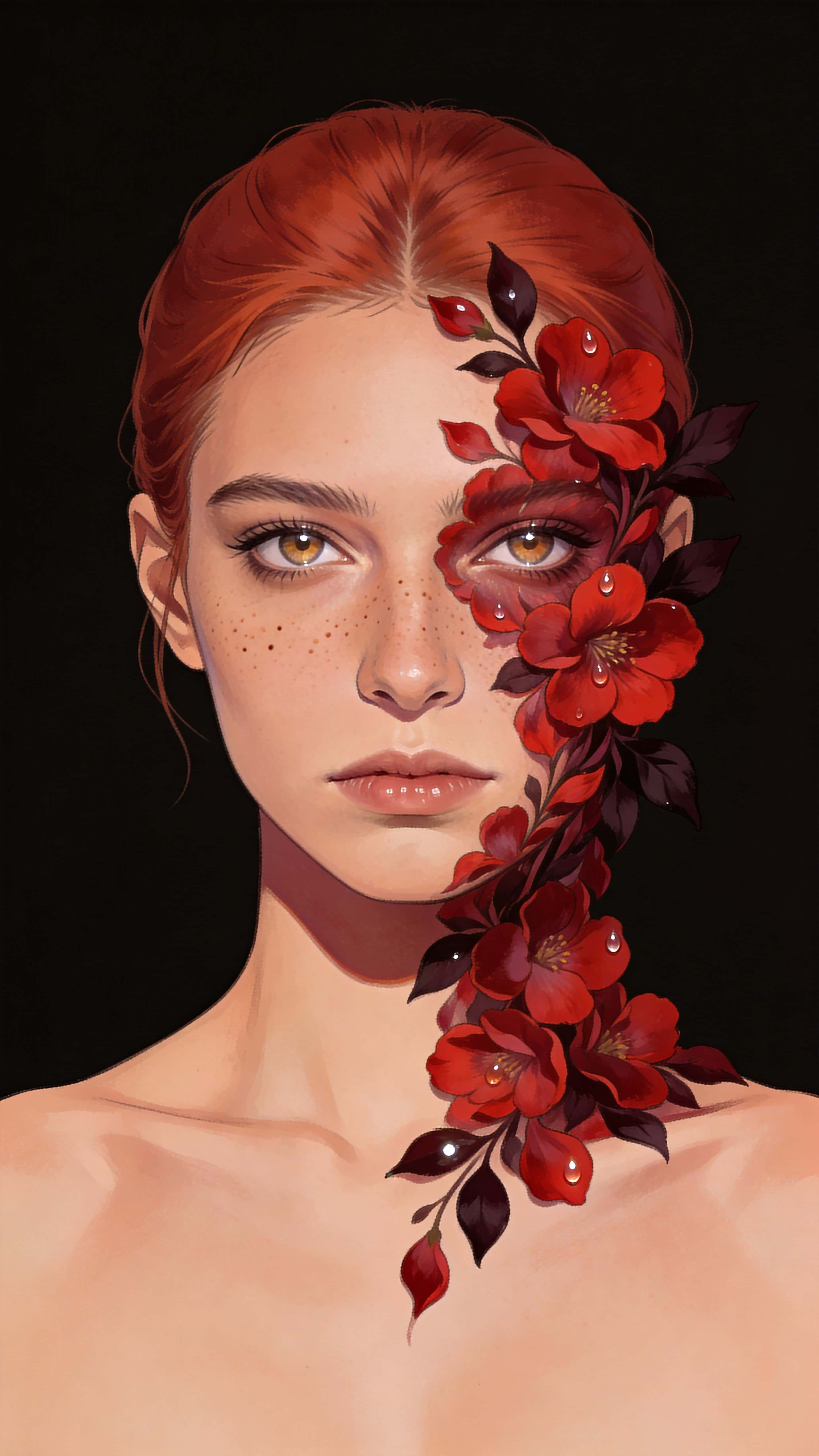 Portrait-format 9:16 wallpaper of a mid-20s woman with copper-red hair and freckles whose right cheek morphs organically into deep red petals and dark leaves, set against a clean dark top third with dewy highlights.