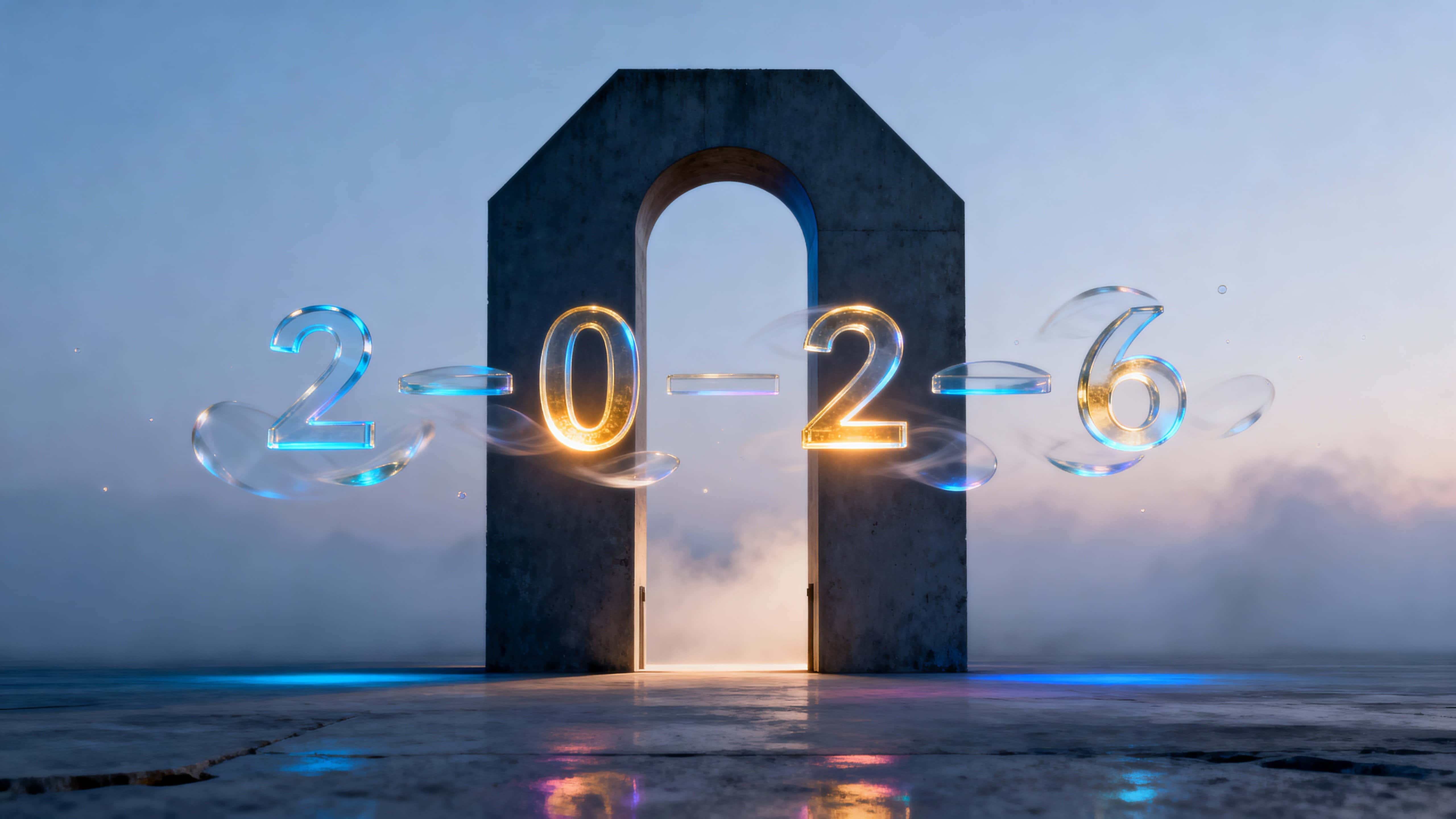 A colossal zero-shaped doorway sits alone in an infinite plane; through it translucent light-forms float and, over time, rearrange into the sequence 2 — 0 — 2 — 6, cinematic and contemplative.