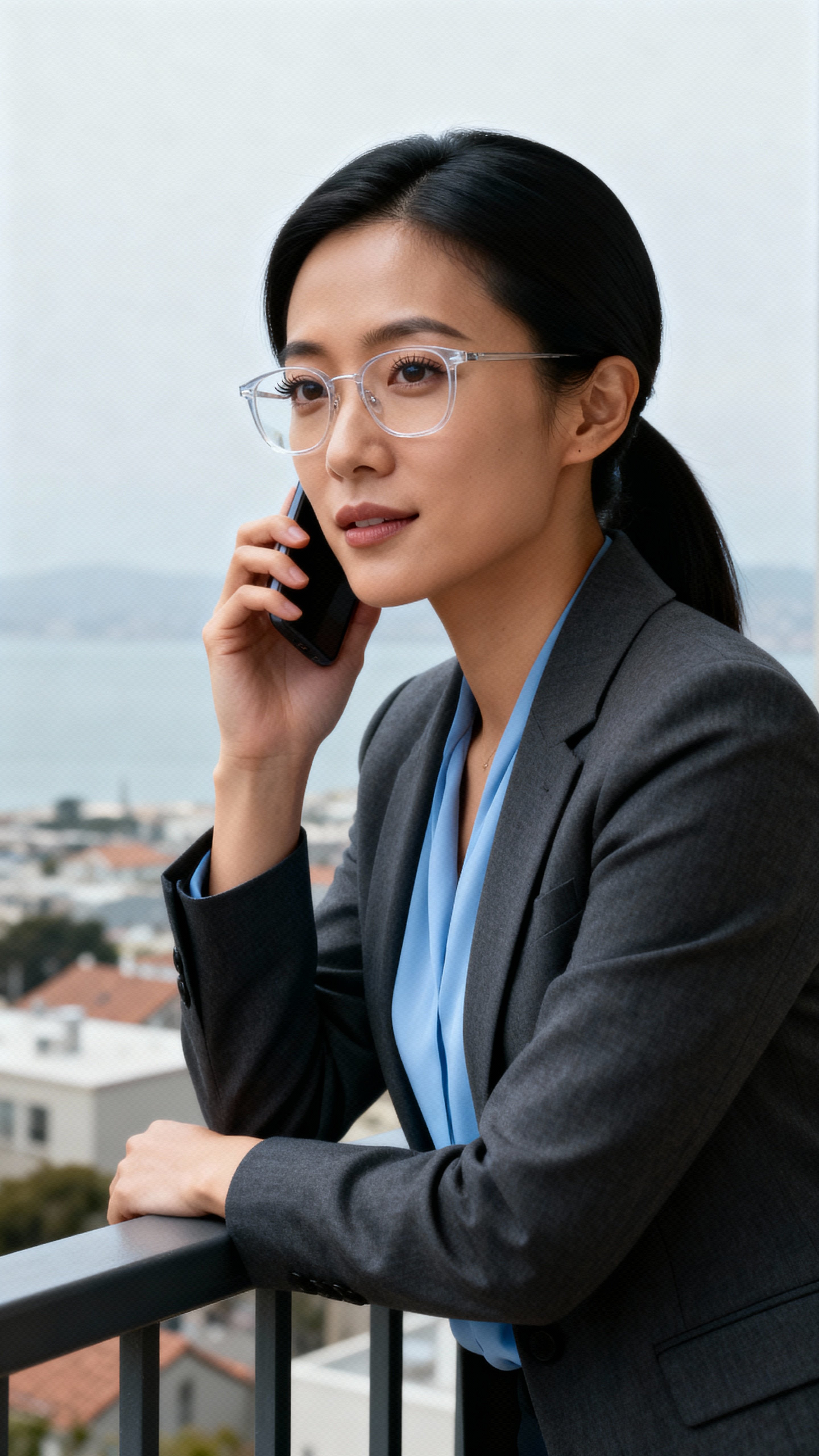 Zoe, a composed Chinese American startup founder in her early 30s, leans on a terrace railing for a headshot, wearing a charcoal blazer (#33363A) and soft blue blouse (#6CA0D8), with warm skin tones (#D6A77F) and clear-glass highlights (#E6