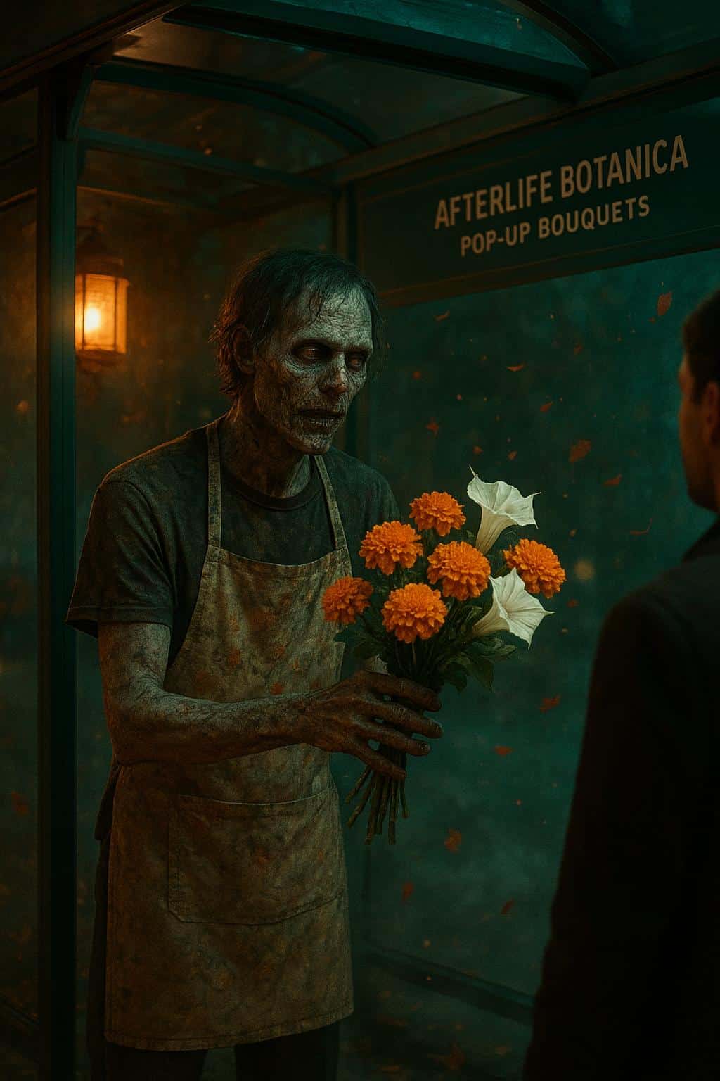 A zombie florist offers a bouquet of marigolds and moonflowers at an urban botanical garden tram stop, warm lantern light and cool greenhouse glow create an autumnal, cinematic scene with drifting petals and soft vapor.